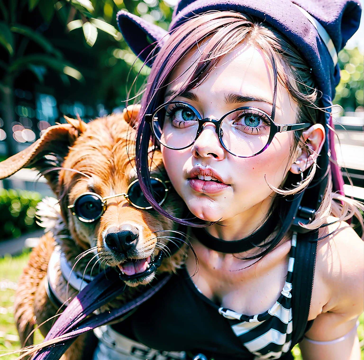 Realistic photo, Menina de 20 anos, cabelo rosa com coques, hat with purple stripes, Tampo do tanque, leggings on the arms, Round Eyewear, backpack carrying movie dog