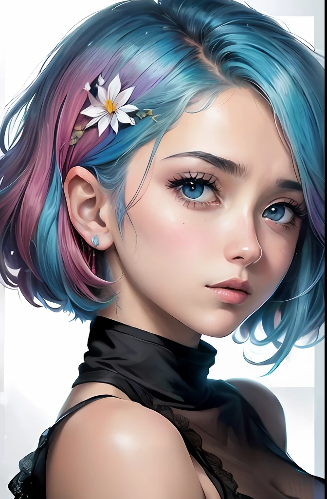 ((melhor qualidade)), ((ultra res)), ((fotorrealista:1.4)), (detalhes complexos), Menina com cabelo colorido e um vestido colorido, RossDraw pastel vibrante, RossDraw realismo  vibrante, estilo realista 4K, retrato realista bonito, colorido!!!, !  menina bonita, arte digital estilo realista, papel de parede de arte anime 4k, papel de parede de arte anime 4k, arte realista digital, extremamente detalhado, detalhe facial