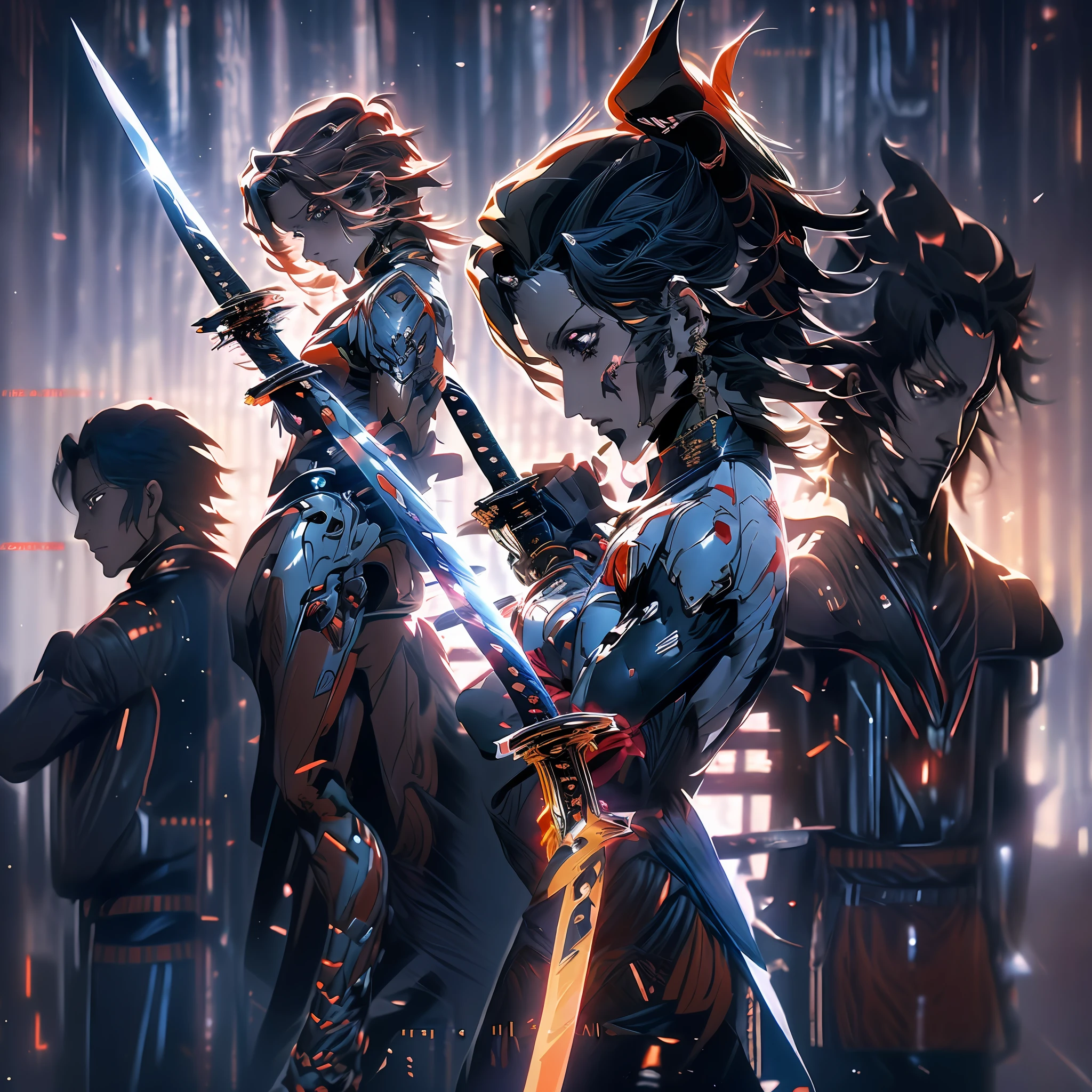 Close-up of a man with a sword in the city, Best anime 4k konachan wallpaper, Detailed key anime art, Key anime art, high detailed official artwork, ultra hd anime wallpaper, macross delta splash art, key art anime sharp focus, anime key art, Anime wallpaper 4K, Anime wallpaper 4 k, key visual, Digital cyberpunk anime art
