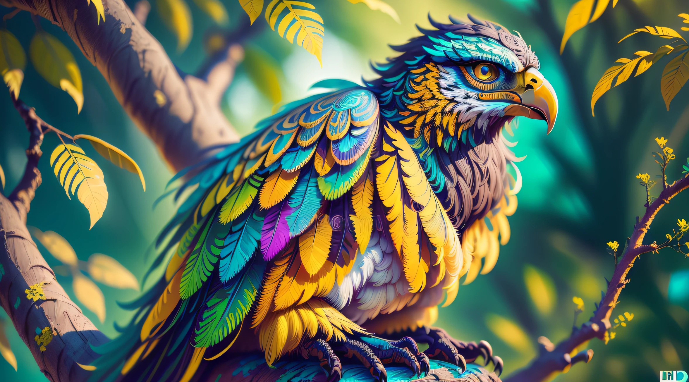 Green and blue feathered eagle mixed with yellow, with strong colors of medium contrast, on top of a tree branch, com bico afiado, ((com olhos vermelhos)), (Realistic illustration with intricate details:1.5). Em um ambiente selvagem da natureza., ((foto de Fujifilm X-T4, 8k UHD, qualidade superior:1.4))