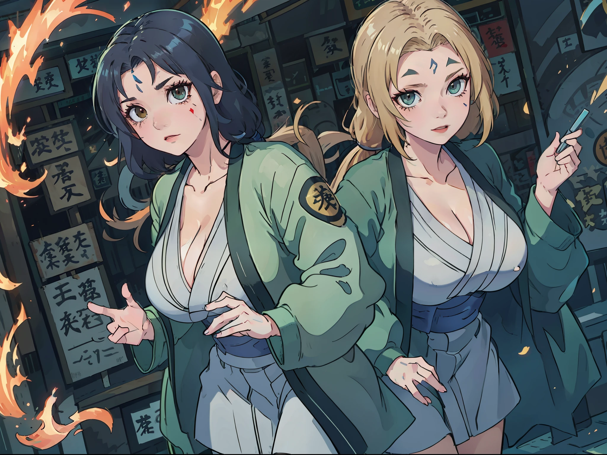 A high resolution， Sharp focus， Pixiv masterpiece， （（Complicated details））， highly  detailed， full bodyesbian， Tsunade， mature， ， Blue forehead mark， Kimono with white， Green jacket， obi strip， huge tit，Protruding breasts，high high quality，hyper-detailing