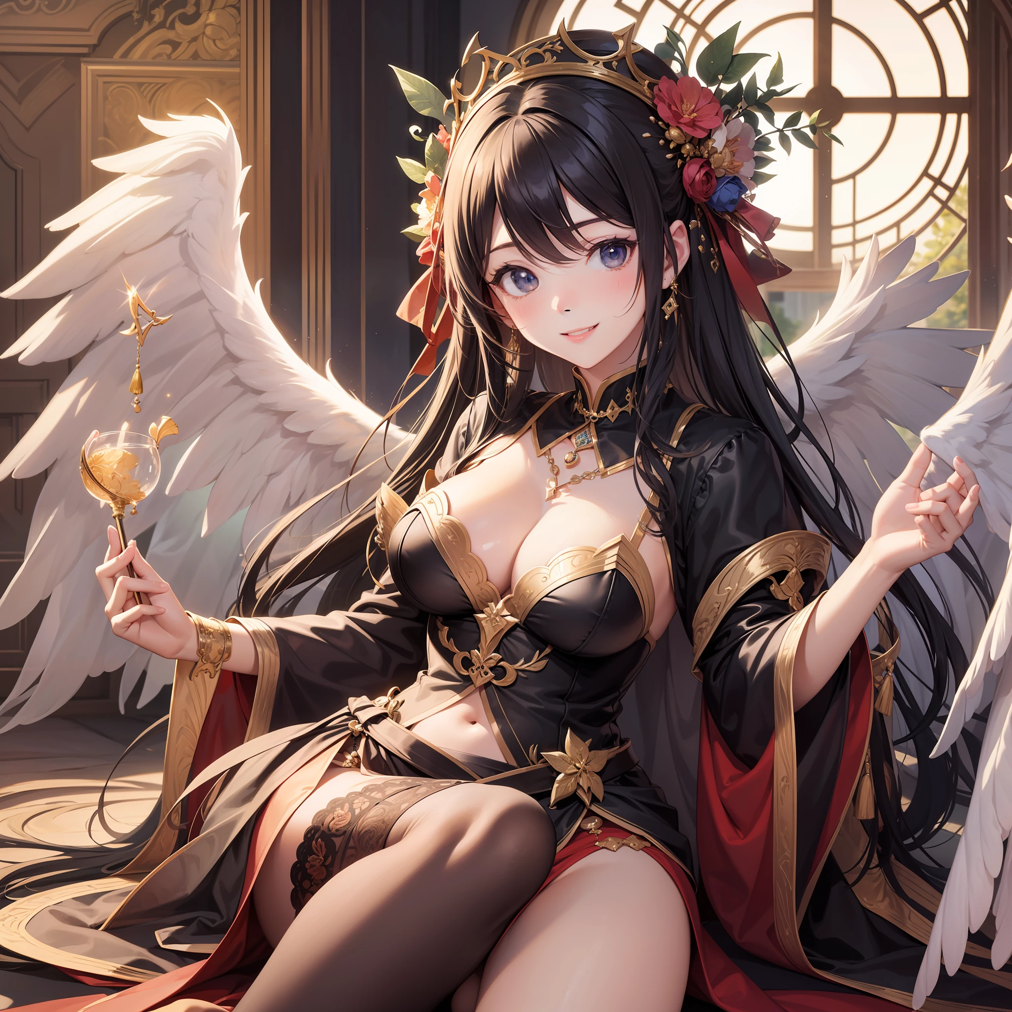 Multiple characters from the harem were depicted with smiles、Angel wings grew　girl with　Masterpiece illustrations with the highest image quality and ultra-high resolution。a beauty girl