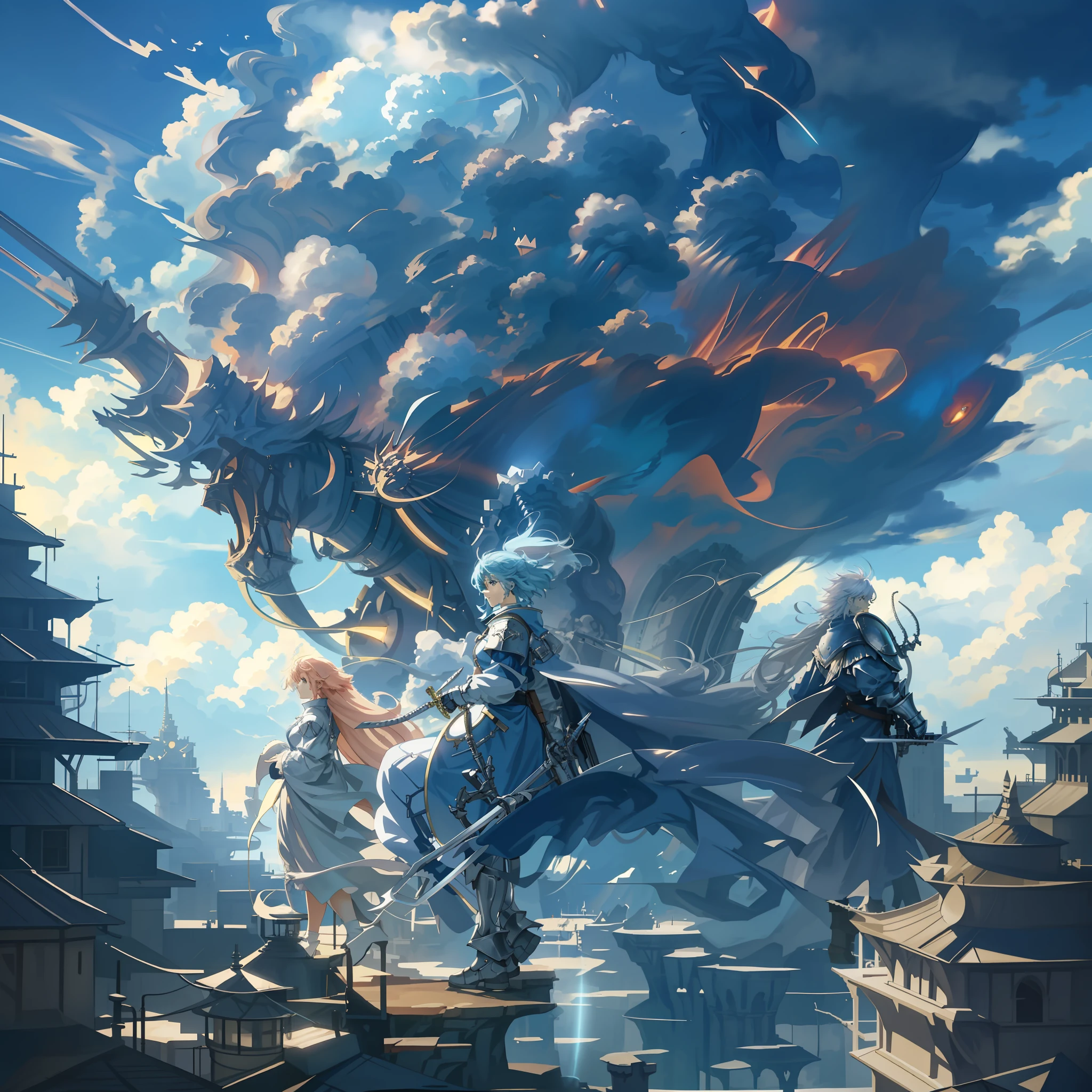 There are huge clouds in the sky anime landscape, Cloud Palace, Anime art wallpaper 4k, Anime art wallpaper 4 K, Maiden with armor and sword,combats,