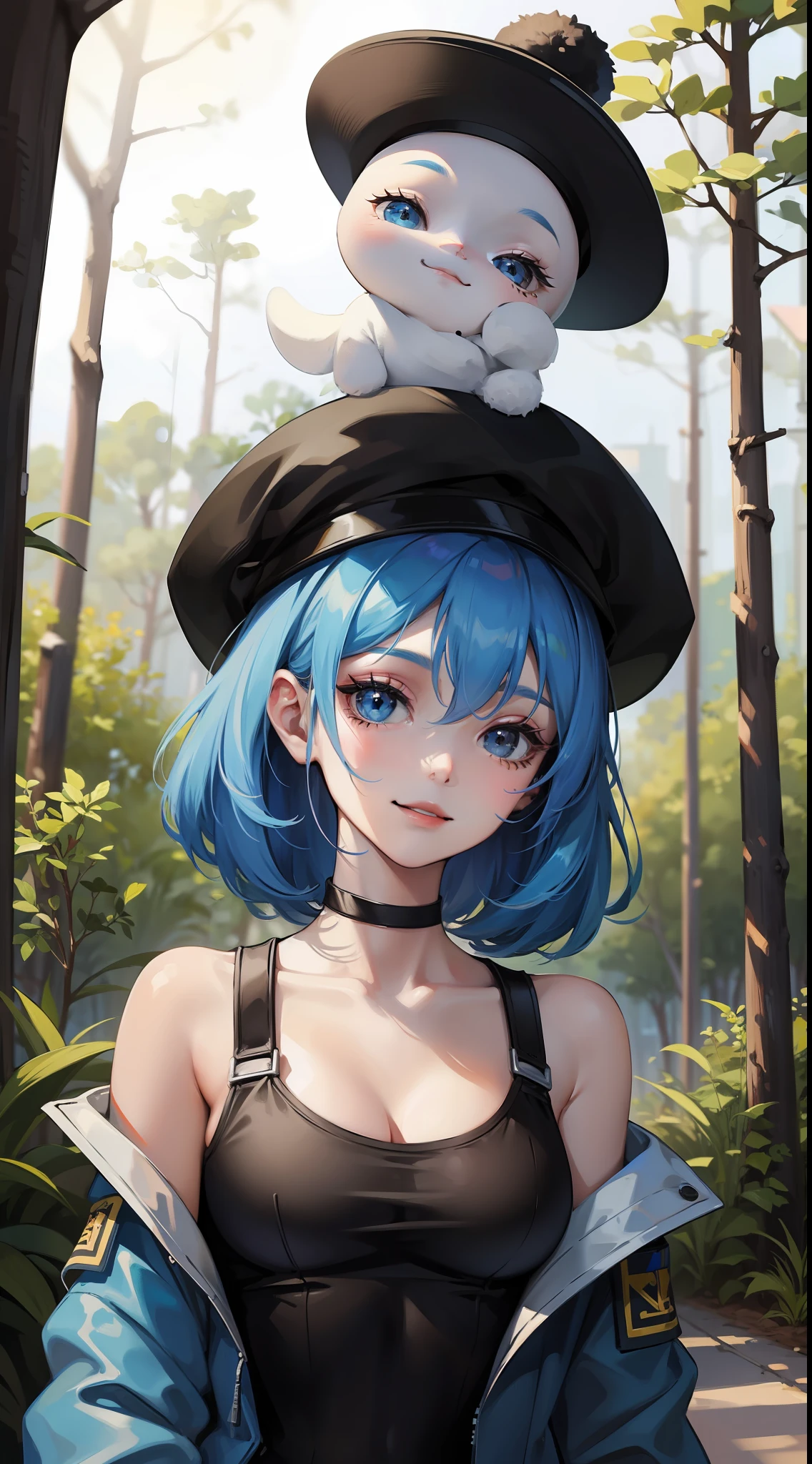 Blue hair, medium breast, beautiful, cute, 18 yo, black eye, forest, hat, survival clothes, little smile