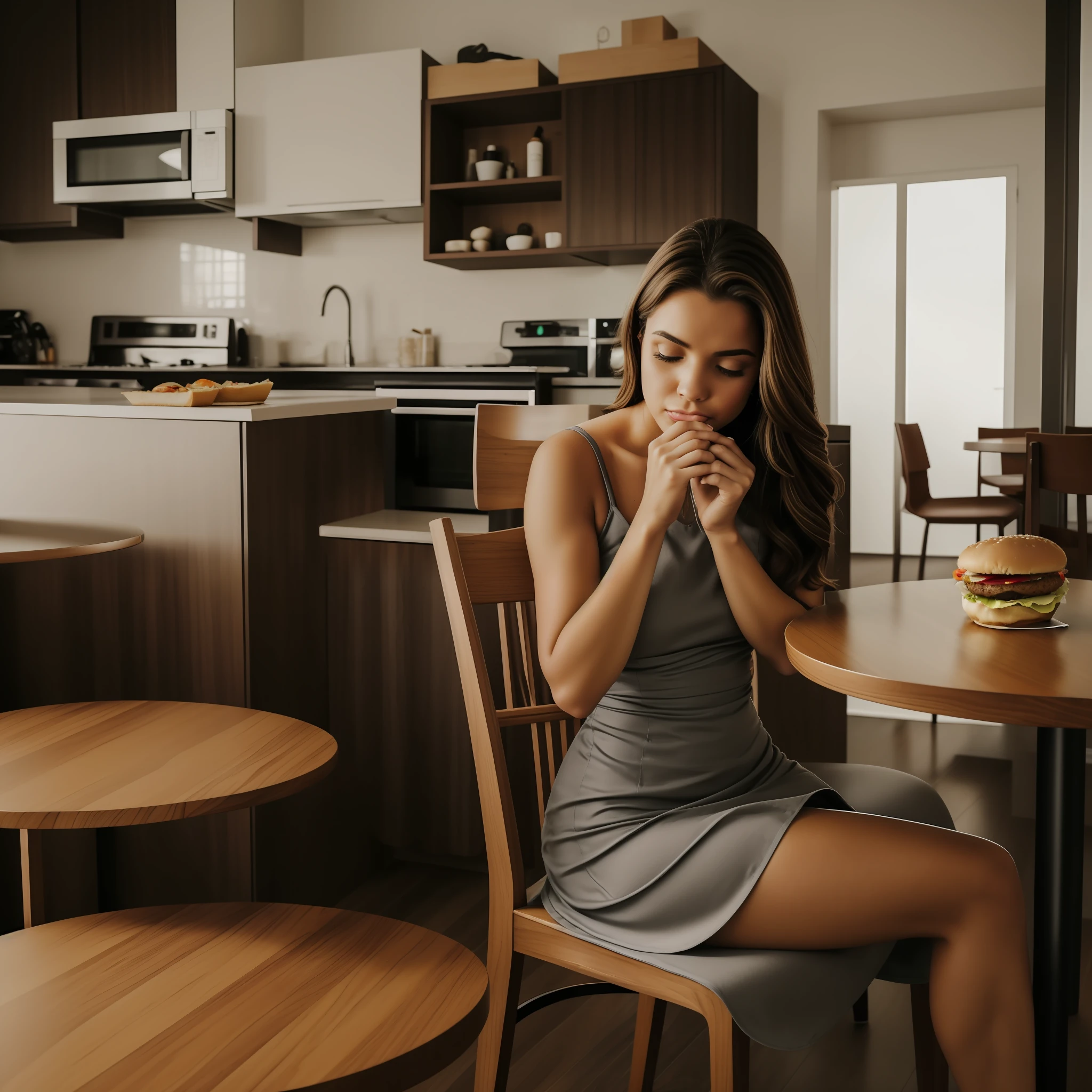 apenas uma mulher extremamente acima do peso, de vestido preto longo, corpo pequeno, His face is sad, fechado, lone, Sunniness, cabisbaixo, she's at her house, eating a hamburger sitting in the chair at the table