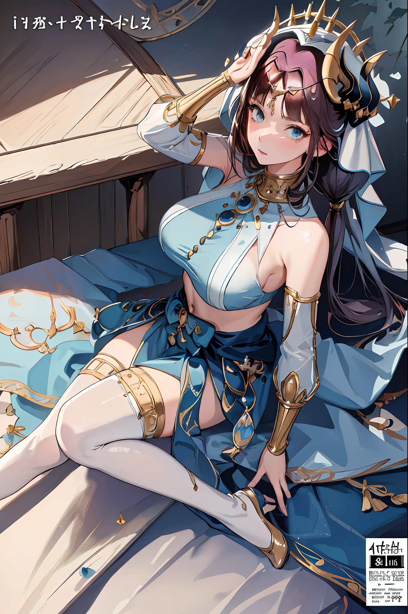 nilou,Masterpiece, Comic cover style,Comic title,Exposing the abdomen,Slim figure,cropped shoulders,huge tit,White dress at the bottom,Mesh garment,Fleshy thighs,Below the waist are mesh stockings,Masterpiece,hyper-detailed face,Deep rendering