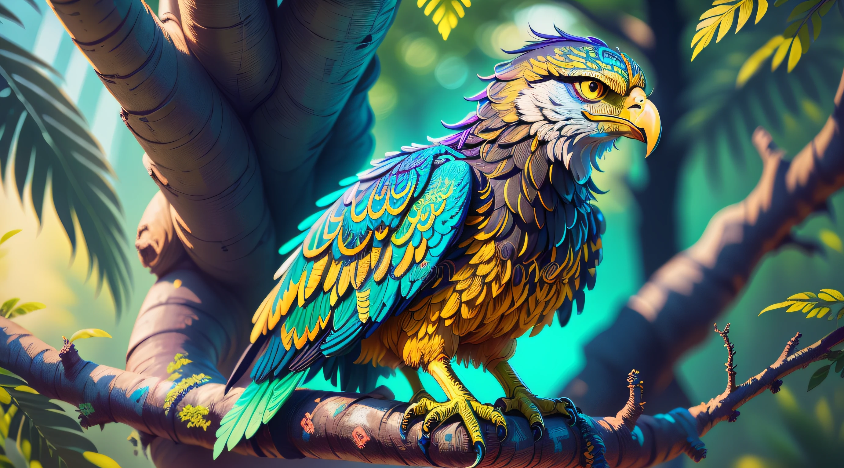 Green and blue feathered eagle mixed with yellow, with strong colors of medium contrast, on top of a tree branch, com bico afiado, ((com olhos vermelhos)), (Realistic illustration with intricate details:1.5). Em um ambiente selvagem da natureza., ((Foto de EOS R5, 8k UHD, qualidade superior:1.4))