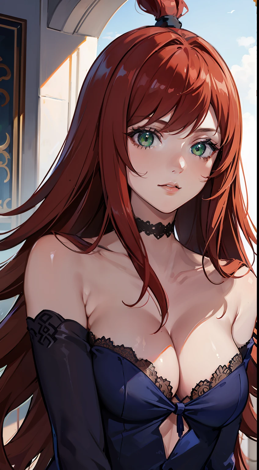 （（best qualtiy））， （（tmasterpiece））， （The is very detailed：1.3），Bust photo，cleavage，sportrait，red tinted hair，Green eyes