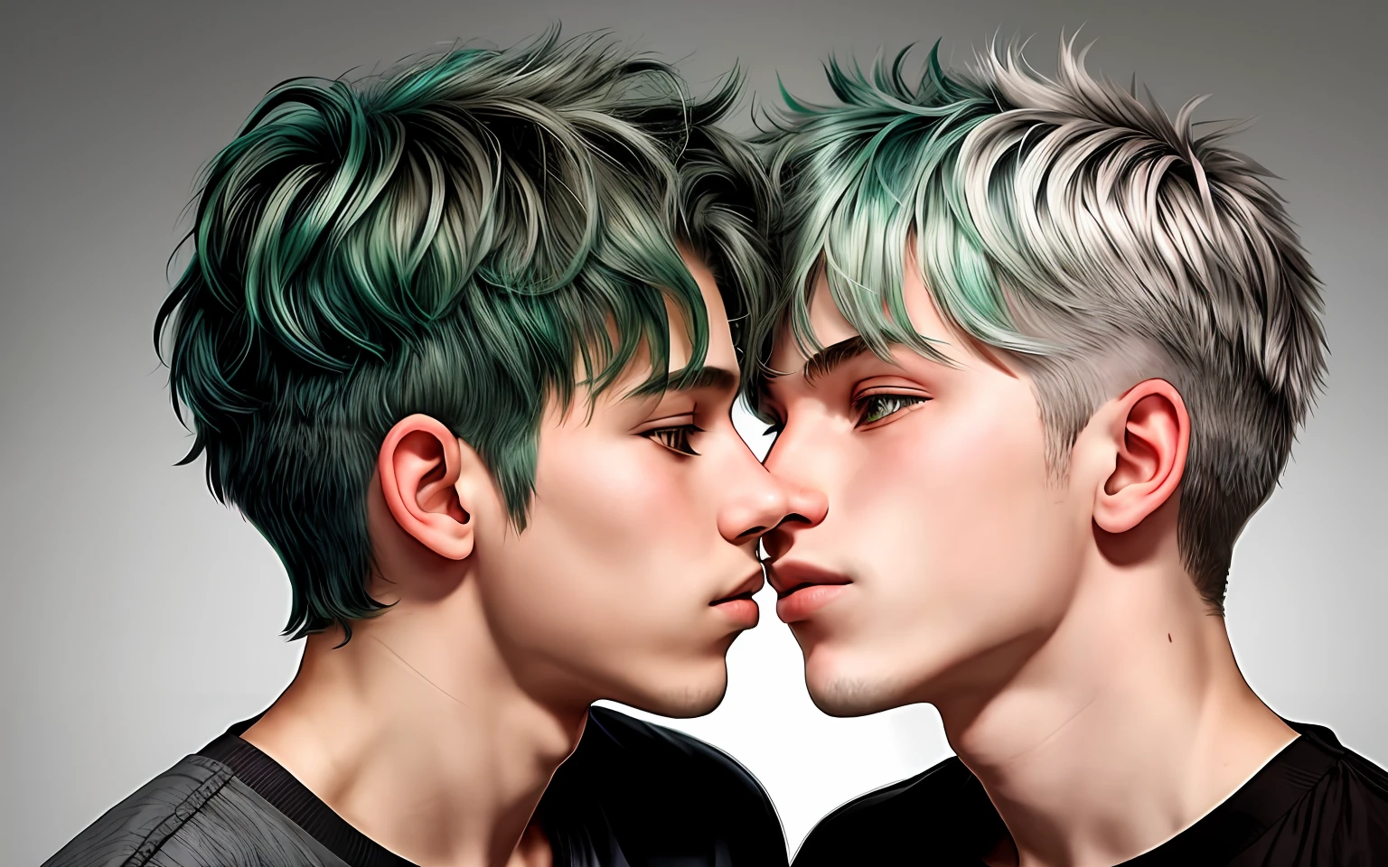 Two heeous 16-year-old boys with gray hair and the other with green hair approach affectionately to kiss each other.