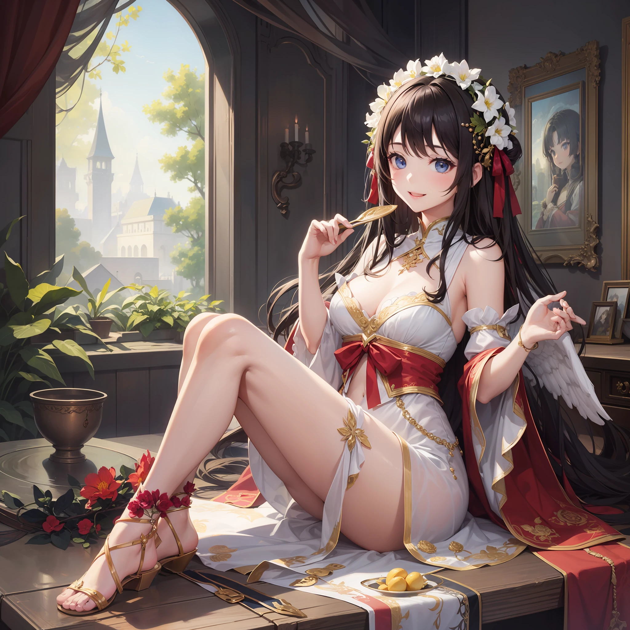 Multiple characters from the harem were depicted with smiles、Angel wings grew girl with Masterpiece illustrations with the highest image quality and ultra-high resolution。a beauty girl