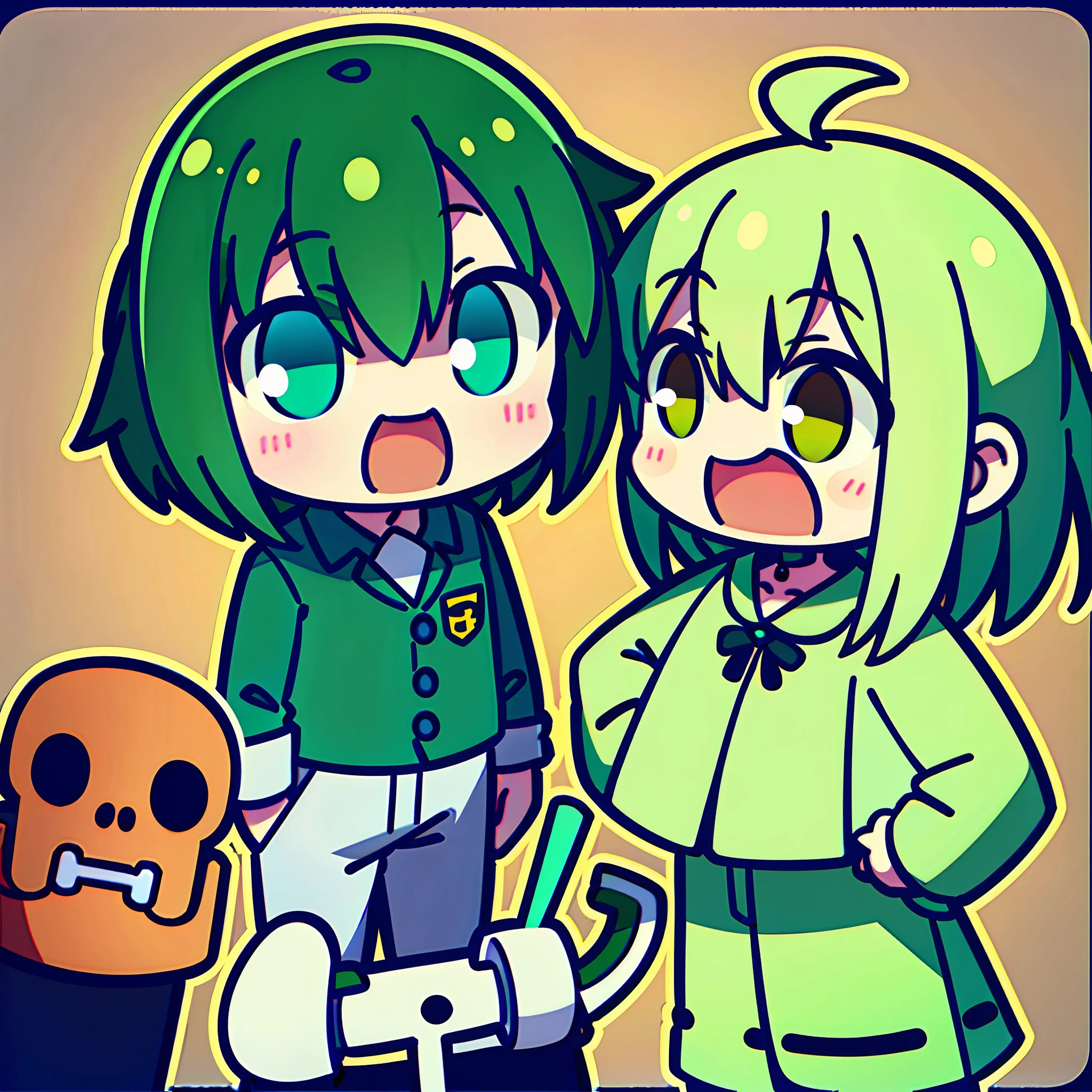 ​masterpiece, top-quality, Green Zombies、cartoon bone、 Chibi:1,Chibikyara,cowboy  shot, Colorless plain background