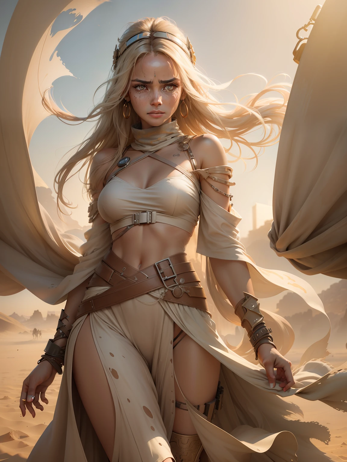 ultra detailed digital minimalistic line art watercolor render of a futuristic beautiful clean face female desert nomad, detailed symmetric beautiful light brown hazel clear tears crying eyes, sand color clothes/ detailed gorgeous face, apocalyptic environment and sandstorm, splatter drippings, style of MAD MAX WORLD, style of Wadim Kashin, John William Waterhouse, Luminous Studio graphics engine centre image, dof, golden hour, 8k, soft lighting aesthetic, edge-to-edge print, volumetric lighting, TanvirTamim, cinematic, colorful background, concept art, dramatic lighting, high detail, highly detailed, hyper realistic, octane render, smooth, studio lighting, trending on artstation