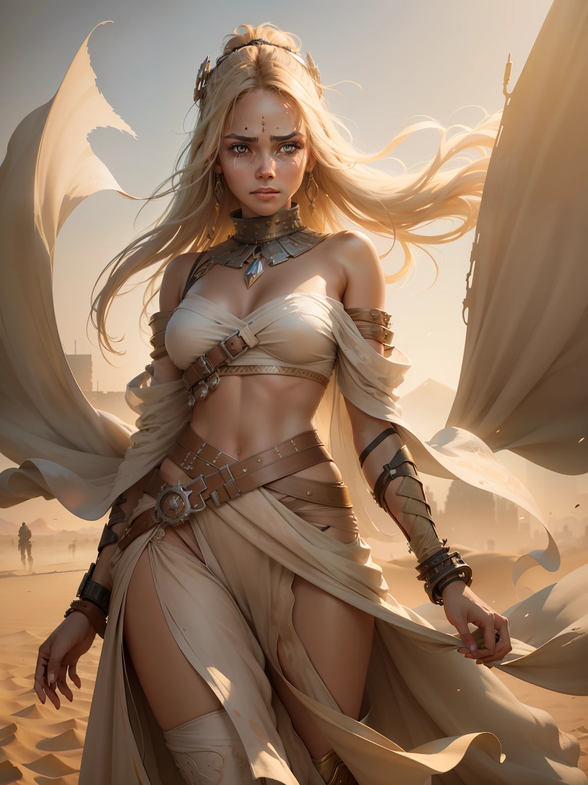 ultra detailed digital minimalistic line art watercolor render of a futuristic beautiful clean face female desert nomad, detailed symmetric beautiful light brown hazel clear tears crying eyes, sand color clothes/ detailed gorgeous face, apocalyptic environment and sandstorm, splatter drippings, style of MAD MAX WORLD, style of Wadim Kashin, John William Waterhouse, Luminous Studio graphics engine centre image, dof, golden hour, 8k, soft lighting aesthetic, edge-to-edge print, volumetric lighting, TanvirTamim, cinematic, colorful background, concept art, dramatic lighting, high detail, highly detailed, hyper realistic, octane render, smooth, studio lighting, trending on artstation