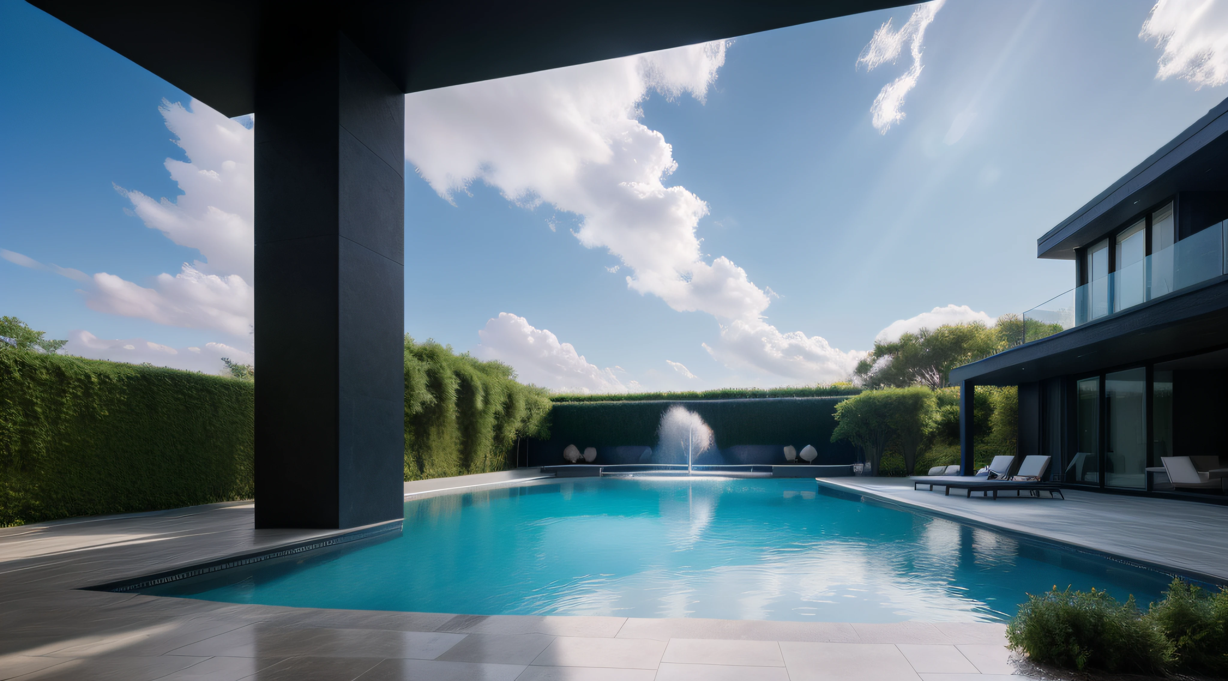 cyber punk style,Luxury residence,Villas,floor to ceiling window,rays of sunshine,with blue sky and white clouds,Green meadow,Rose bushes,The fountain,Large sculptures,Gray façade,Black steel structure,minimal style,Ultra-minimalist design,Wide angle field of view,Hyper Real,tmasterpiece,Accurate,atmospurate,extremely higly detailed,A high resolution,8k