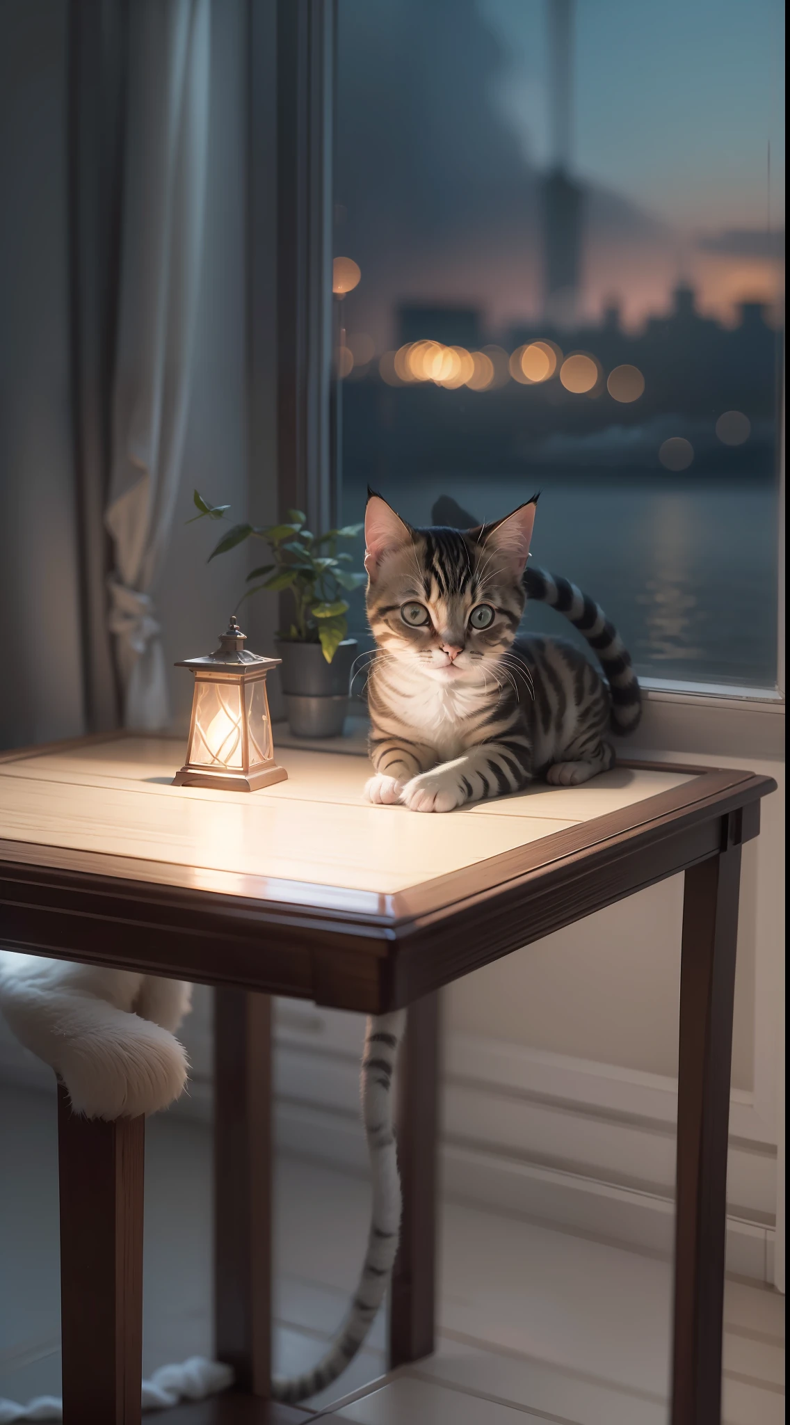 A kitten sits on a table,Looking out the window at the sea view in a dimly lit room, a lamp (Best quality, Detailed details, Masterpiece, , 4K, Chiaroscuro,The photos are super realistic and realistic, Highly detailed Canon videography )