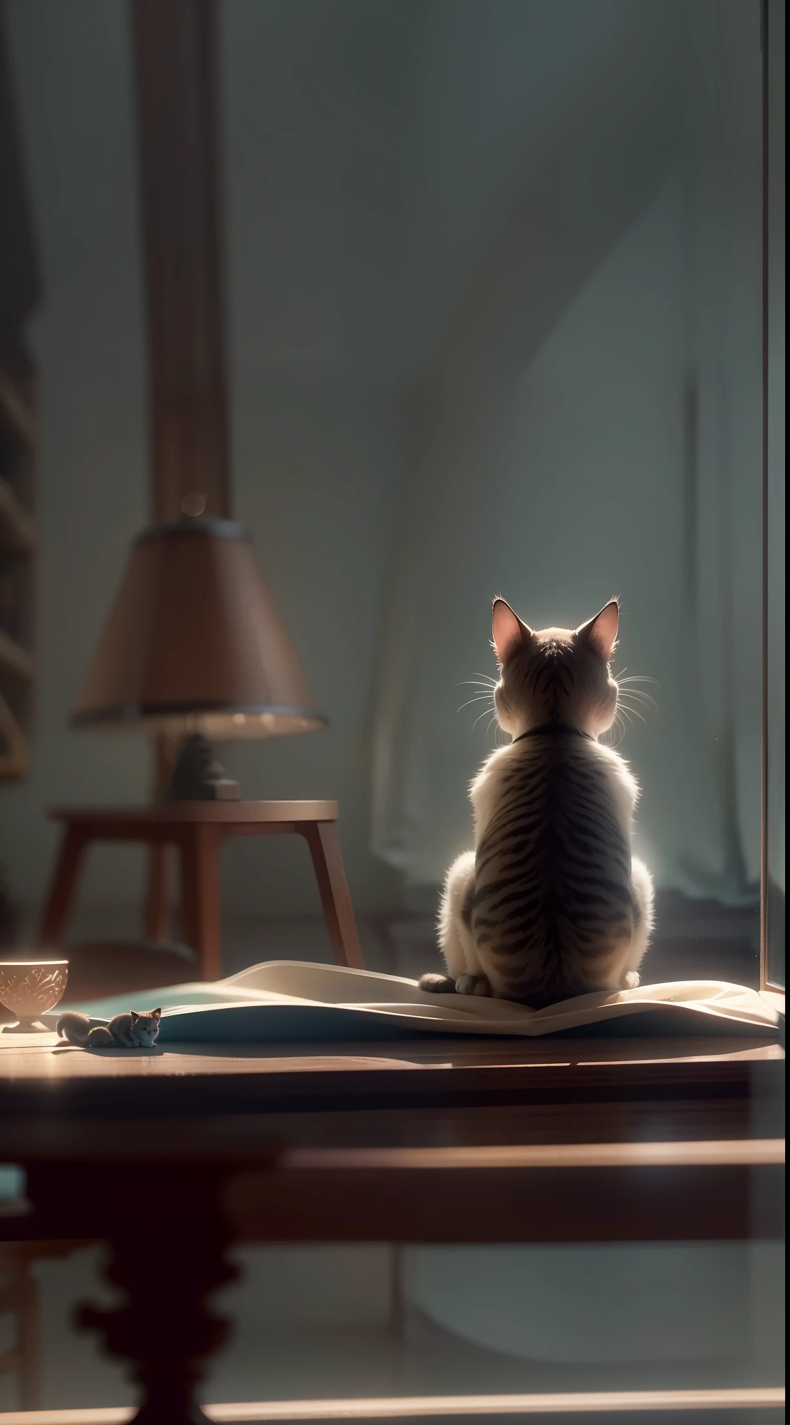A kitten sits on a table,Looking out the window at the sea view in a dimly lit room, a lamp (Best quality, Detailed details, Masterpiece, , 4K, Chiaroscuro,The photos are super realistic and realistic, Highly detailed Canon videography )