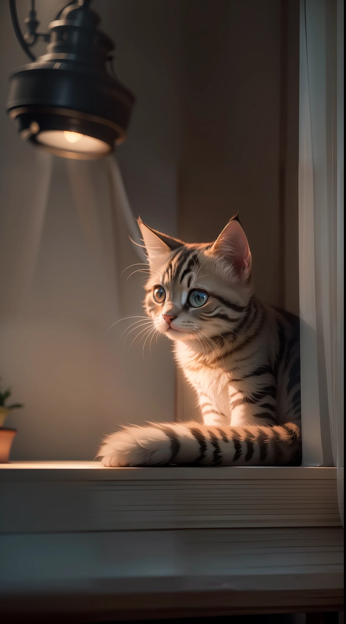 A kitten sits on a table,Looking out the window at the sea view in a dimly lit room, a lamp (Best quality, Detailed details, Masterpiece, , 4K, Chiaroscuro,The photos are super realistic and realistic, Highly detailed Canon videography )