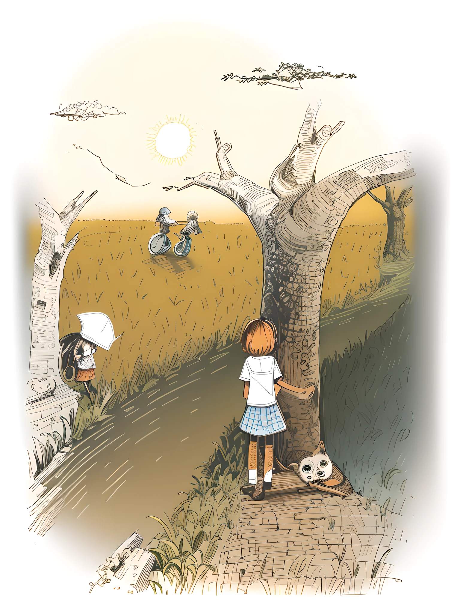 Draw a girl standing on a bench looking at a tree, Black and white illustration, author:Pal Barkai, inspired by Farel Dalrymple, full page illustration, author:Maria van Osterwijk, by Mirko Rački, vignette illustration, children illustration, Children's illustration, Hand drawn illustrations, children's book illustrations