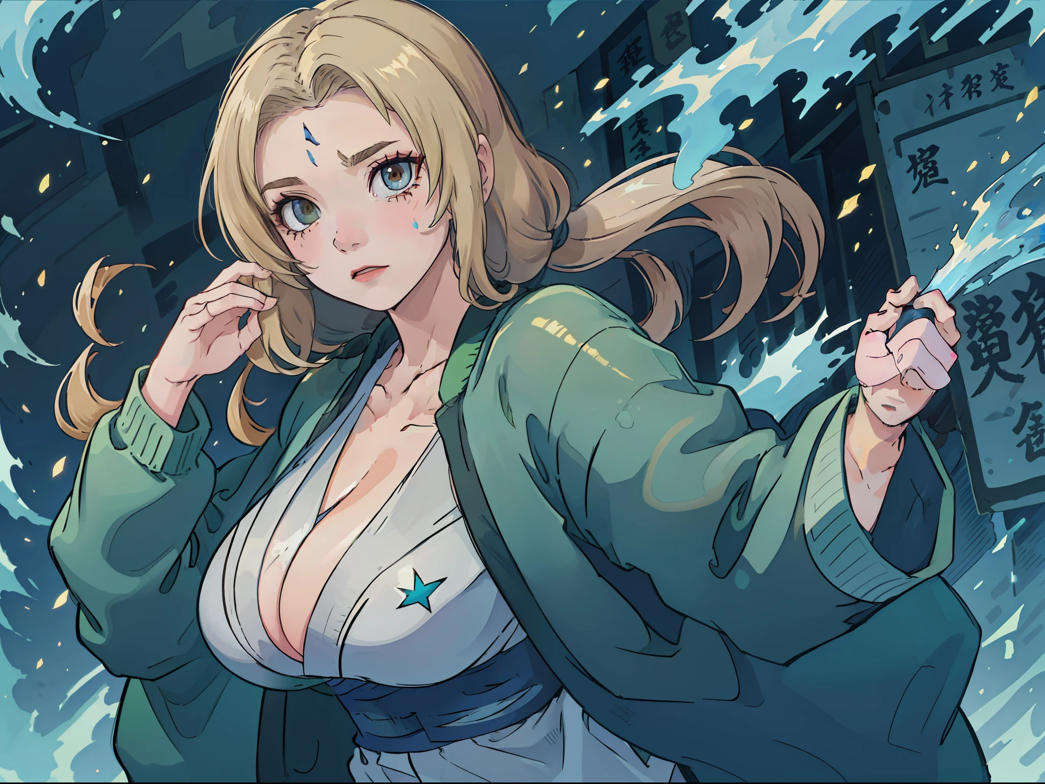 A high resolution， Sharp focus， Pixiv masterpiece， （（Complicated details））， highly  detailed， full bodyesbian， Tsunade， mature， ， Blue forehead mark， Kimono with white， Green jacket， obi strip， huge tit，Protruding breasts，high high quality，hyper-detailing