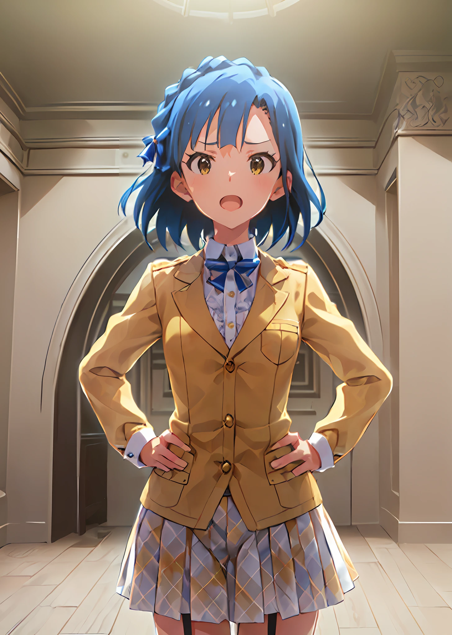 yuriko nanao (million live). Short stature. (((white t-shirts))).suspenders.(((Skirt))).(((masterpiece))).(((best quality))).((Ultra-detailed))).(((illustratio))). (((put hands on the hip))).(((a room))).(((make a fist))).(((up chest))).Despair face.((short-hair)).((big breasts)).((Opening Mouth)).