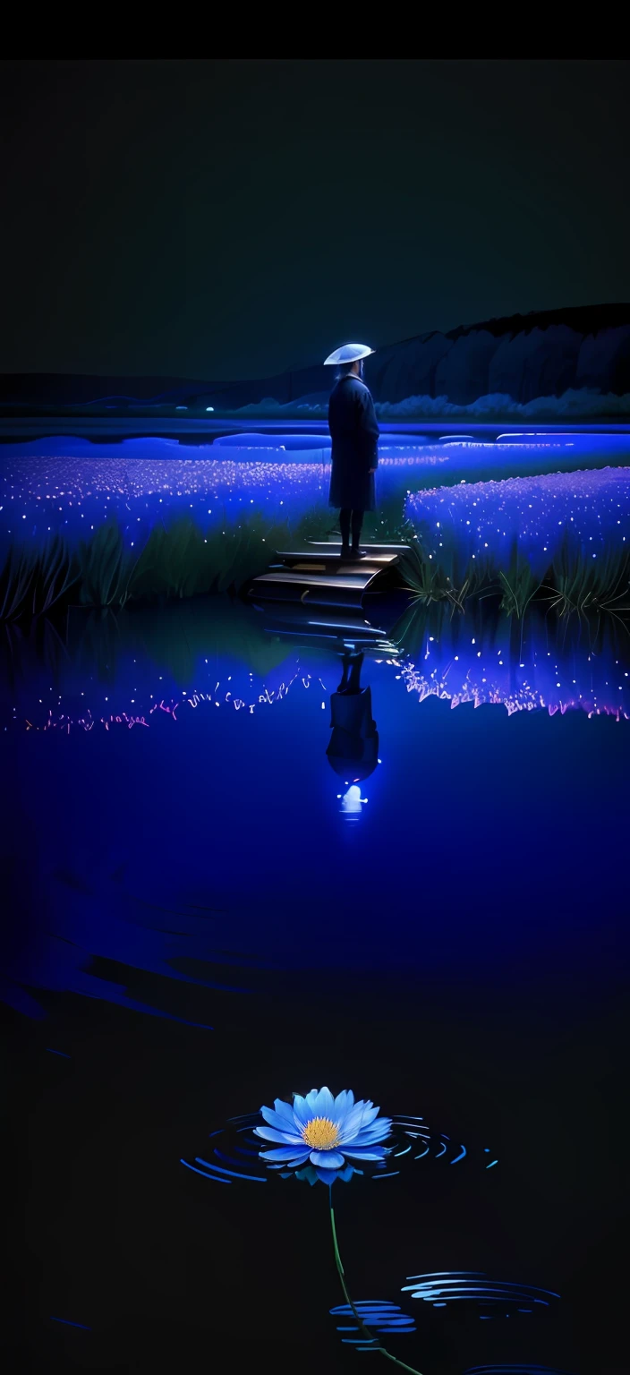 There is a picture of a person standing in the water, author：Tadashi Nakayama, blue reflections, prize winning color photo, National Geographic Photography Award, field of flowers at night, Reflection, absolutely outstanding image, author：Jan Rustham, lights with bloom, reflections on the water, lpoty, inspired by Chris Friel, blue hour, award winning colorized photo