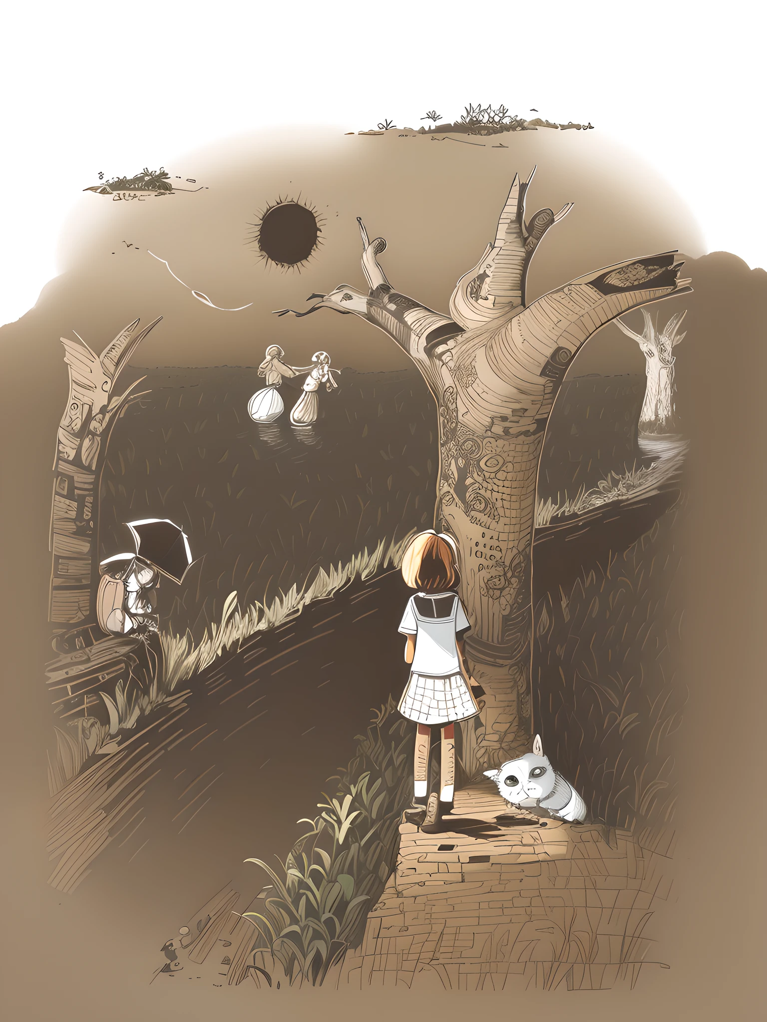 Draw a girl standing on a bench looking at a tree, Black and white illustration, author:Pal Barkai, inspired by Farel Dalrymple, full page illustration, author:Maria van Osterwijk, by Mirko Rački, vignette illustration, children illustration, Children's illustration, Hand drawn illustrations, children's book illustrations