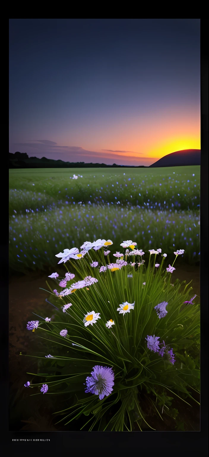 There is a field of flowers，A lone tree in the background, field of flowers at night, floral sunset, flower  field, the brilliant dawn on the meadow, serene field setting, Lavender fields in bloom, summer morning light, flower  field, Perfectcomposition, herbs and flowers, Chamomile, flower  field, spring evening, flower  field, dusk setting