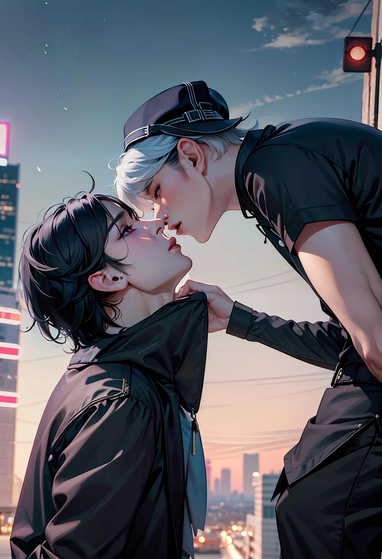 Two nena kissing, men kiss men, black clothes, Wearing black outfit, besándose lindamente, Yaoi, besándose, enfrentándose, besándose juntos, in love, Taejune, besándose boca a boca, chico rubio y chico pelirrojo, (((masterpiece))), artstation style, anime, boyslove, two boys, two mans, boys love, homosexual, 4k,8k,16k,uhd, shorts hair, city landscape, city lights in the background