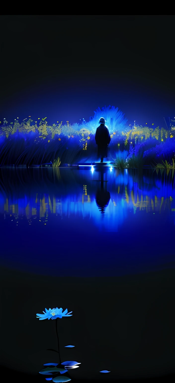 There is a picture of a person standing in the water, author:Tadashi Nakayama, blue reflections, prize winning color photo, National Geographic Photography Award, field of flowers at night, Reflection, absolutely outstanding image, author:Jan Rustham, lights with bloom, reflections on the water, lpoty, inspired by Chris Friel, blue hour, award winning colorized photo