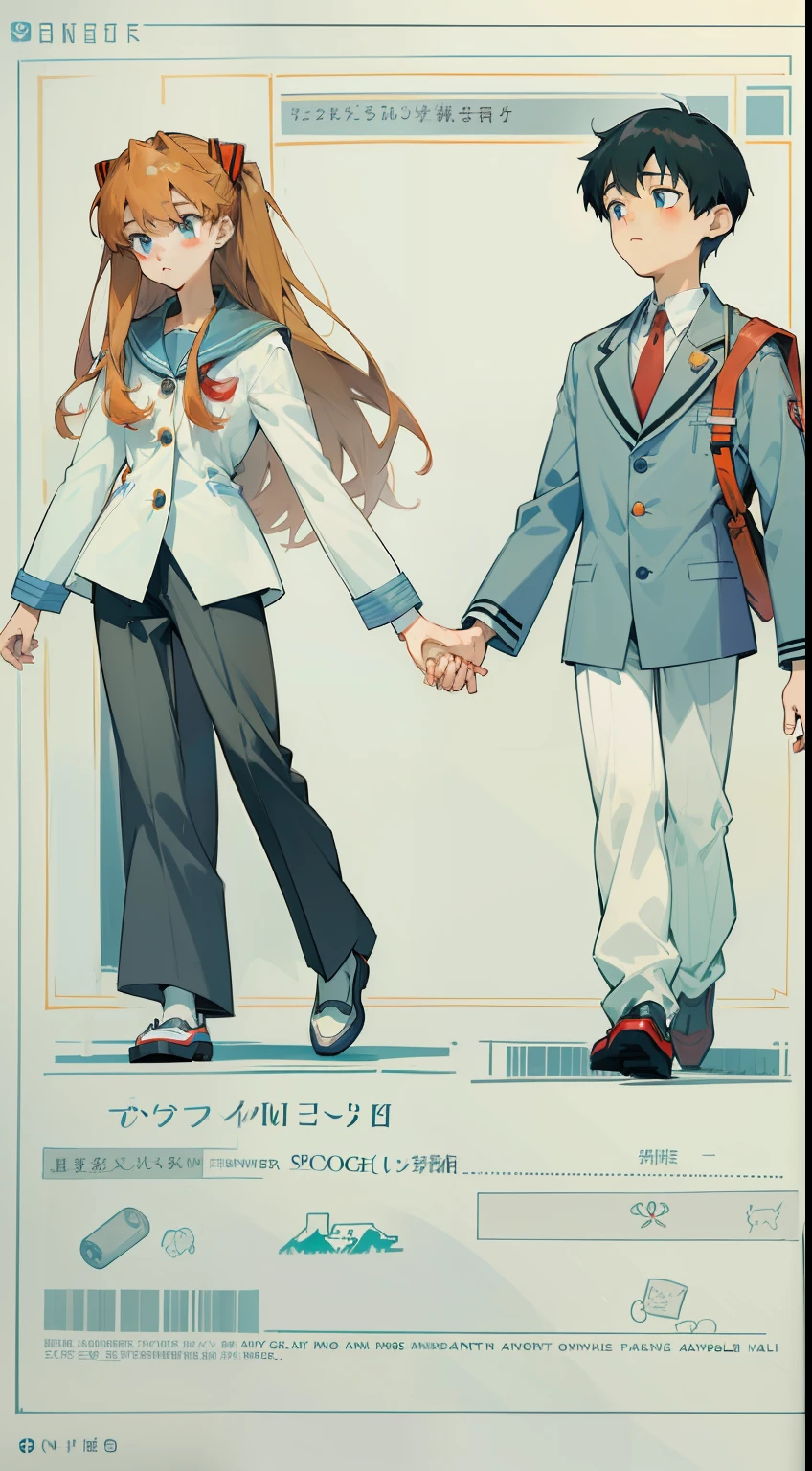 Asuka Langley、Shinji Ikari、Hyundai Japan Junior High School Uniform、1 group of men and women、Holding hands and hands、Lovers、Anime-style drawings、No height difference between men and women、kawaii、Clothes that exist in real life、Men's tops with buttons、Men's Black Pants、Light blue sailor suit for women without buttons