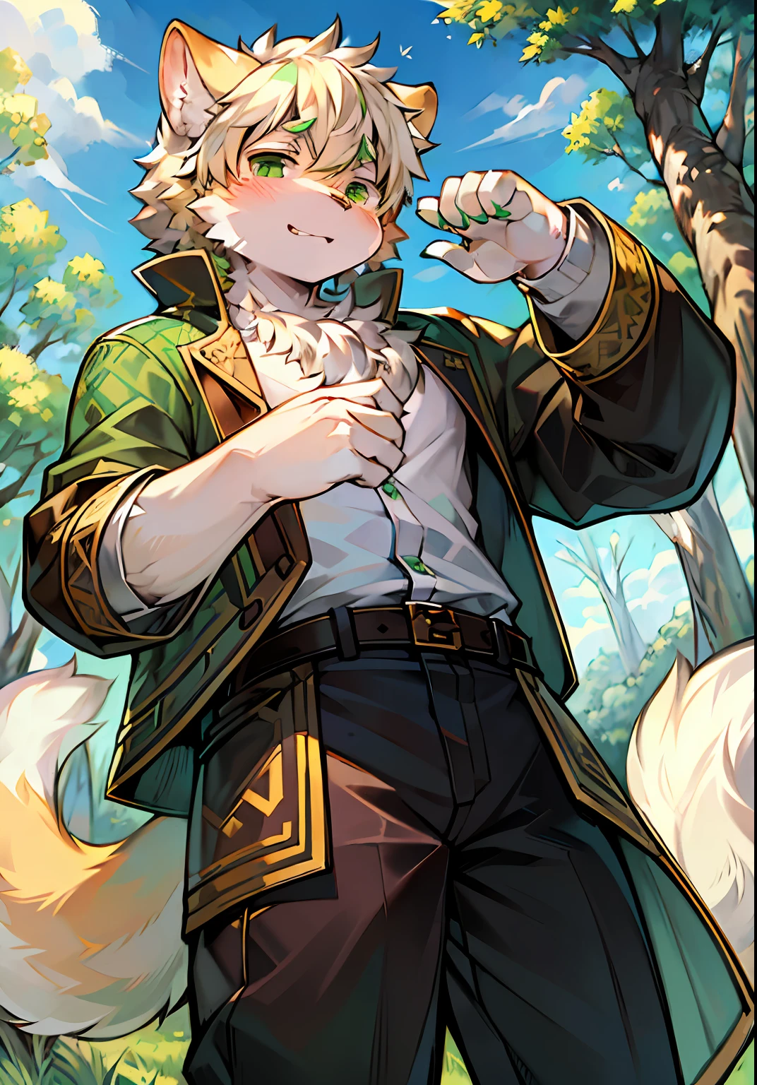 Masterpiece,High quality,abstract res,Digital painting\(artwork of a\), author：BrukkiGunar, Yupa,Kiyosan,(anthro,Fluffy fur,Character focus:1.1),anthro male cat,Portrait , eyes with brightness, in a panoramic view, Character focus.(detailedbackground:0.7), 独奏, shaggy, shaggy male, Majesty,apathy,Handsome,malefocus, Robust,Strong anthrax(Full Body Furry, It has a fluffy tail，With a green pattern, White fur, Dark green eyes), (Long felines、moth、White feathers、Dark green ears、Beige tail、Light green smoky pattern、Beige hair、seminude），（External、In the daytime、Dense grass、Low tree、clear skies、grassy fields）