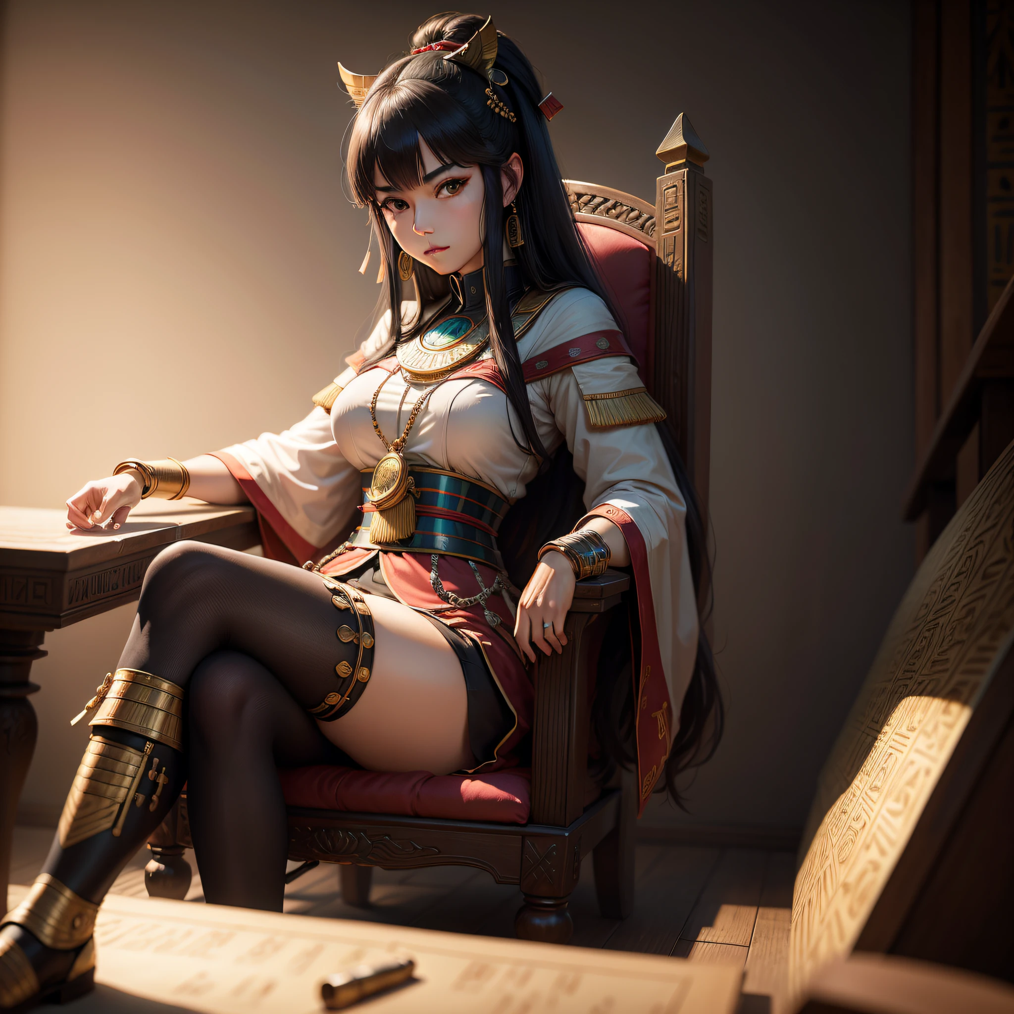 An ultra-realistic 4k illustration of Ayanokoji Kiyotaka sitting on an ordinary throne Egyptian period war strategist