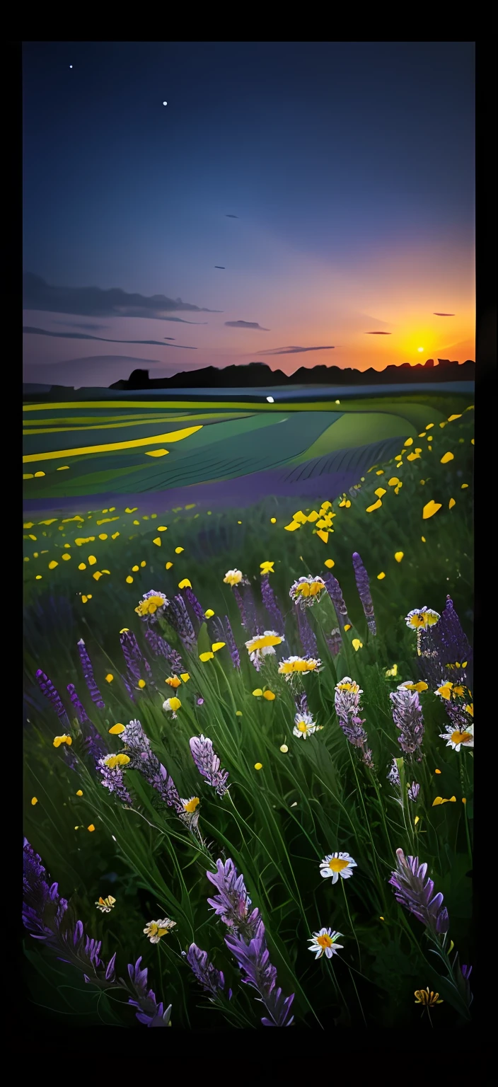 There is a field of flowers,A lone tree in the background, field of flowers at night, floral sunset, flower field, the brilliant dawn on the meadow, serene field setting, Lavender fields in bloom, summer morning light, flower field, Perfectcomposition, herbs and flowers, Chamomile, flower field, spring evening, flower field, dusk setting