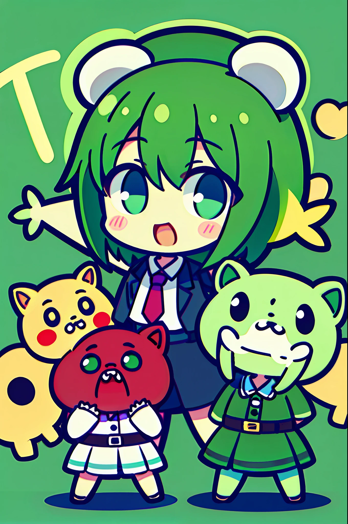 ​masterpiece, top-quality,Colorful、mush,  Green Zombies、cartoon bone、 Chibi:1,Chibikyara,cowboy  shot, Colorless plain background