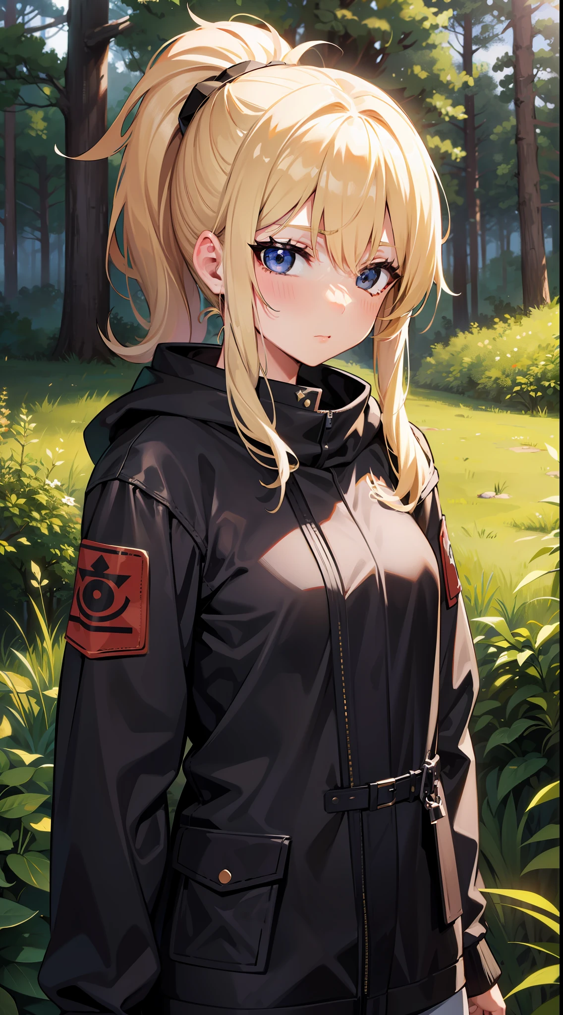 Blonde ponytail, medium breast, beautiful, cute, 18 yo, black eye, forest, survival clothes