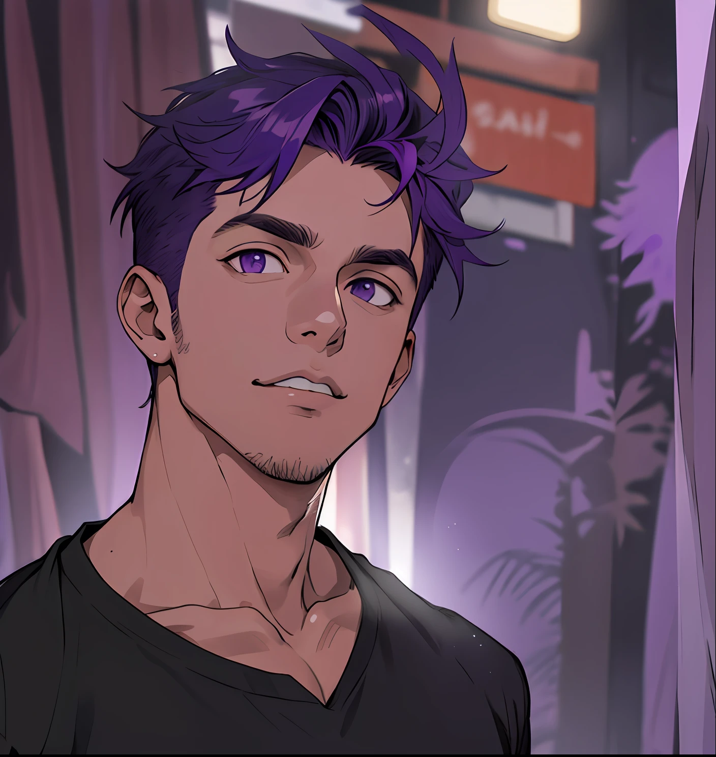 Garoto de camisa preta, fundo roxo, chama violeta, jovem