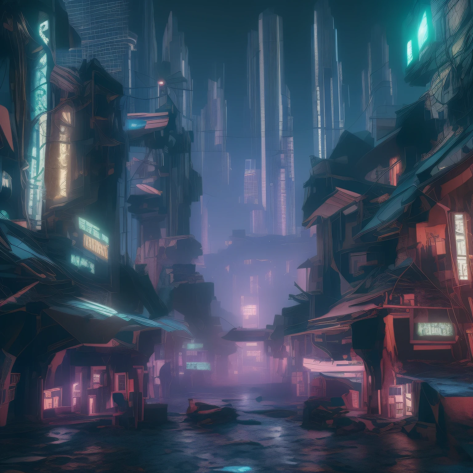 Science fiction technology city，cyber punk style，concept-art，8K,unreal engine rendered，in a panoramic view，Look up at the camera，Urban style