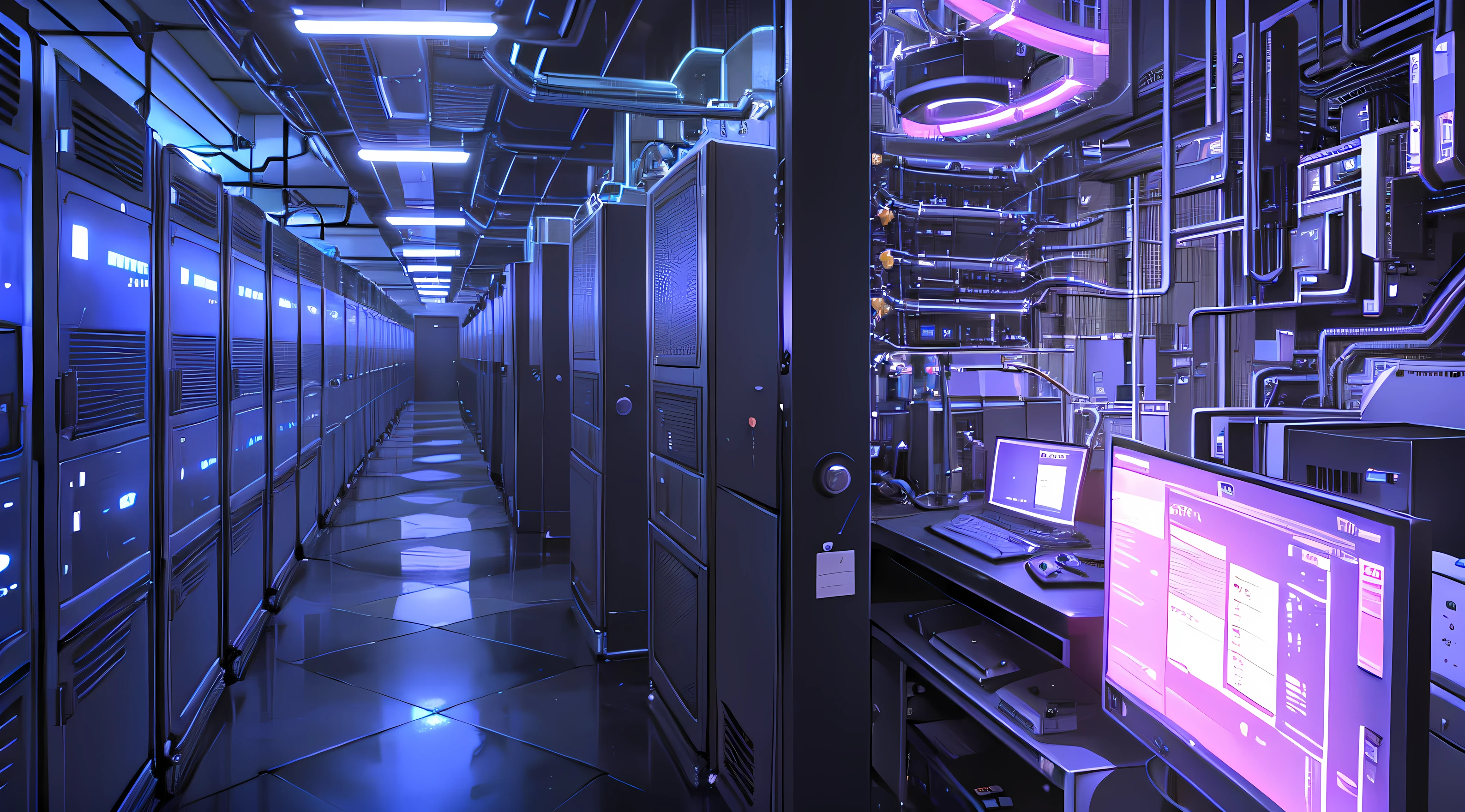 a dimly lit hallway with rows of data and computer screens, background is data server room, hacking into the mainframe, cyber space, in realistic data center, 3840x2160, 3840 x 2160, spaceship hallway background, cyber architecture, surreal cyberspace, in detailed data center,darb blue light blue neon server tech --auto --s2