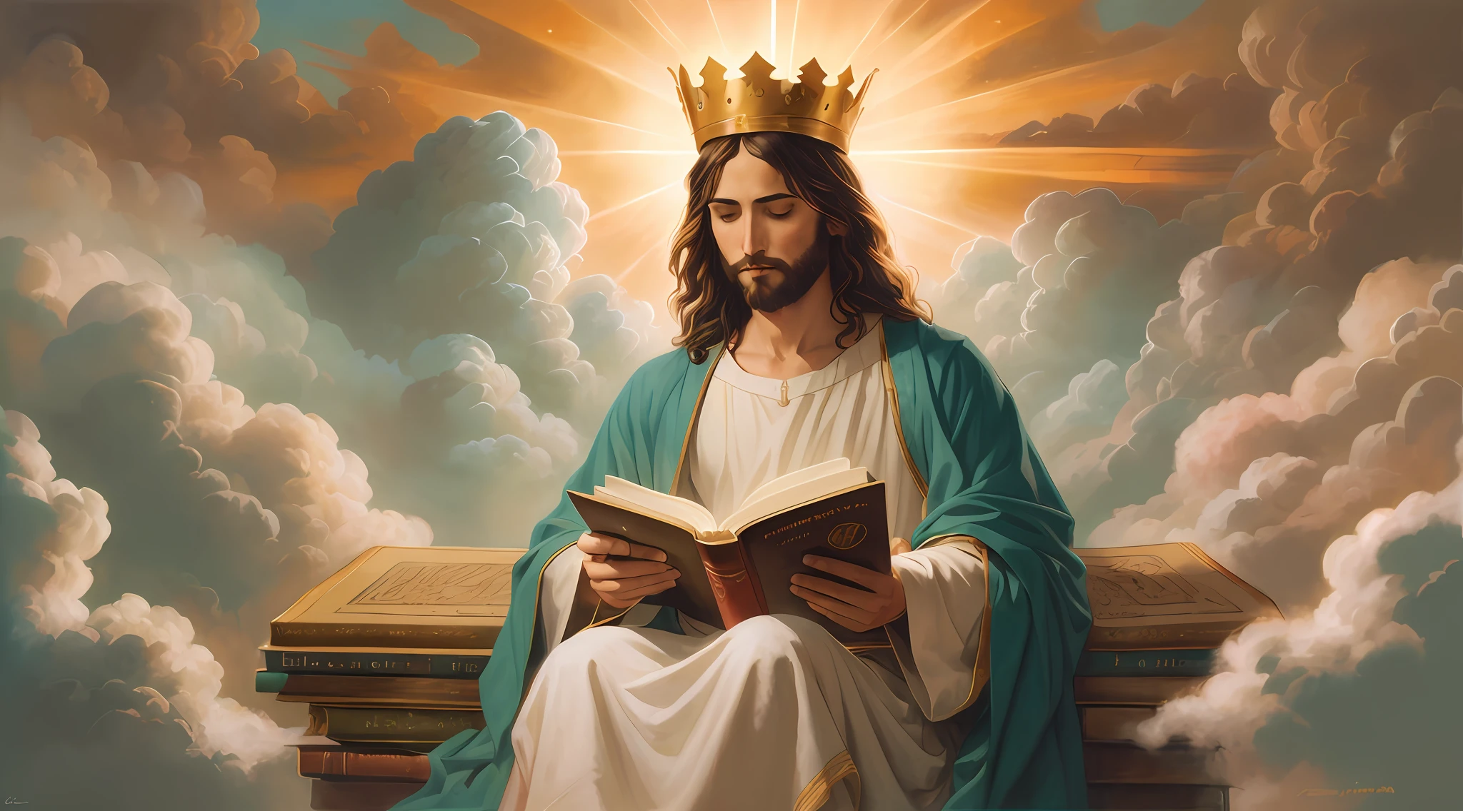 Image of Jesus reading a book with a crown on his head, sentou-se em seu trono, Rei dos Reis, bible illustration, Jovem Deus Todo-Poderoso, O Senhor e Salvador, muitas coroas!! upon his head, imagens sagradas, sentado em seu trono, catholic religious art, Jesus Cristo, Rob Rey, senhor, Jon McNaughton