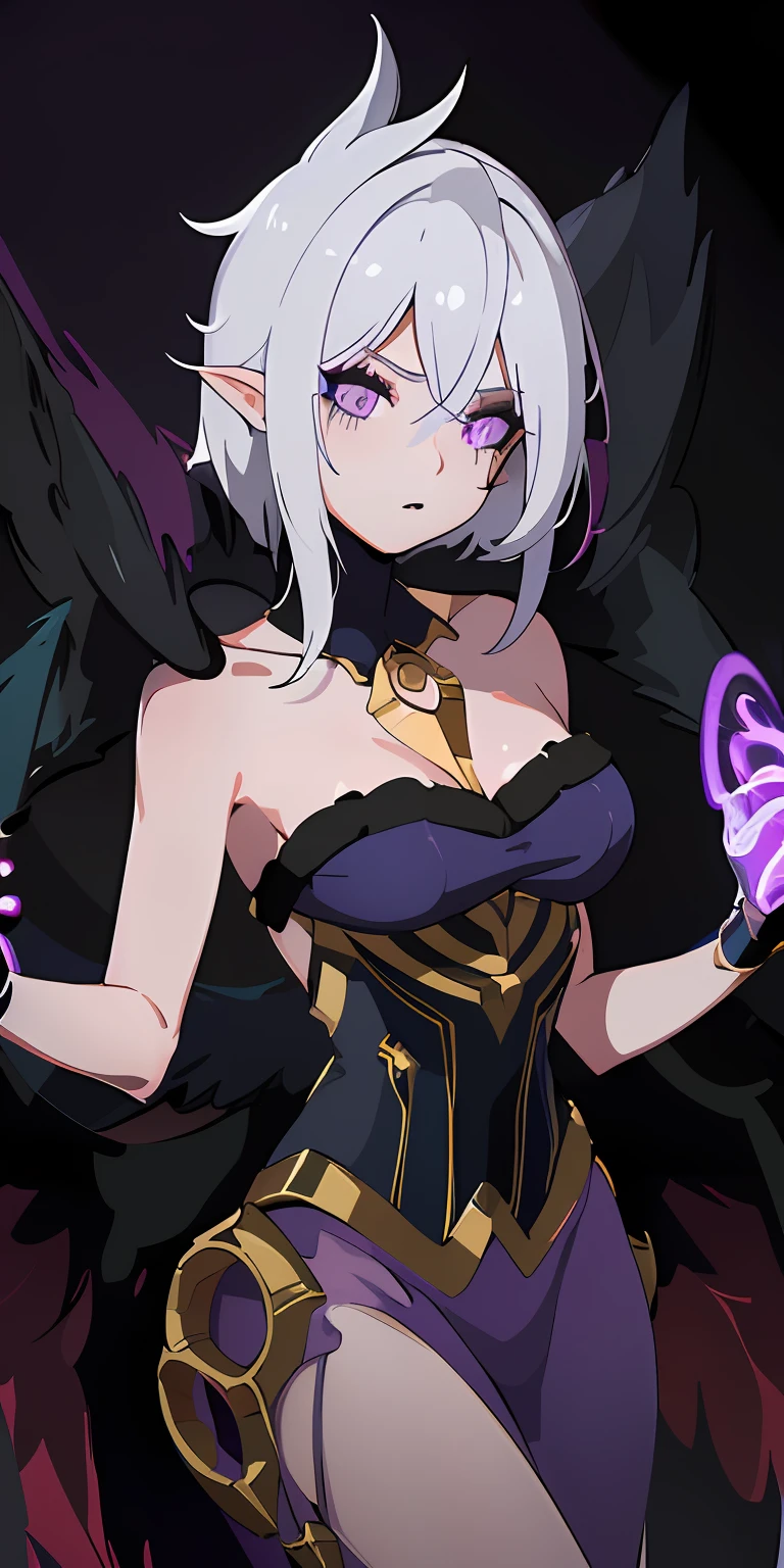 (masterpiece, best quality, ultra-detailed, best shadow), (detailed background,dark fantasy), (beautiful detailed face), high contrast, (best illumination, an extremely delicate and beautiful), ((cinematic light)), colorful, hyper detail, dramatic light, intricate details, (1girl, solo,white hair, sharp face,purple eyes, hair between eyes,dynamic angle), blood splatter, swirling black light around the character, depth of field,black light particles,(broken glass),magic circle,