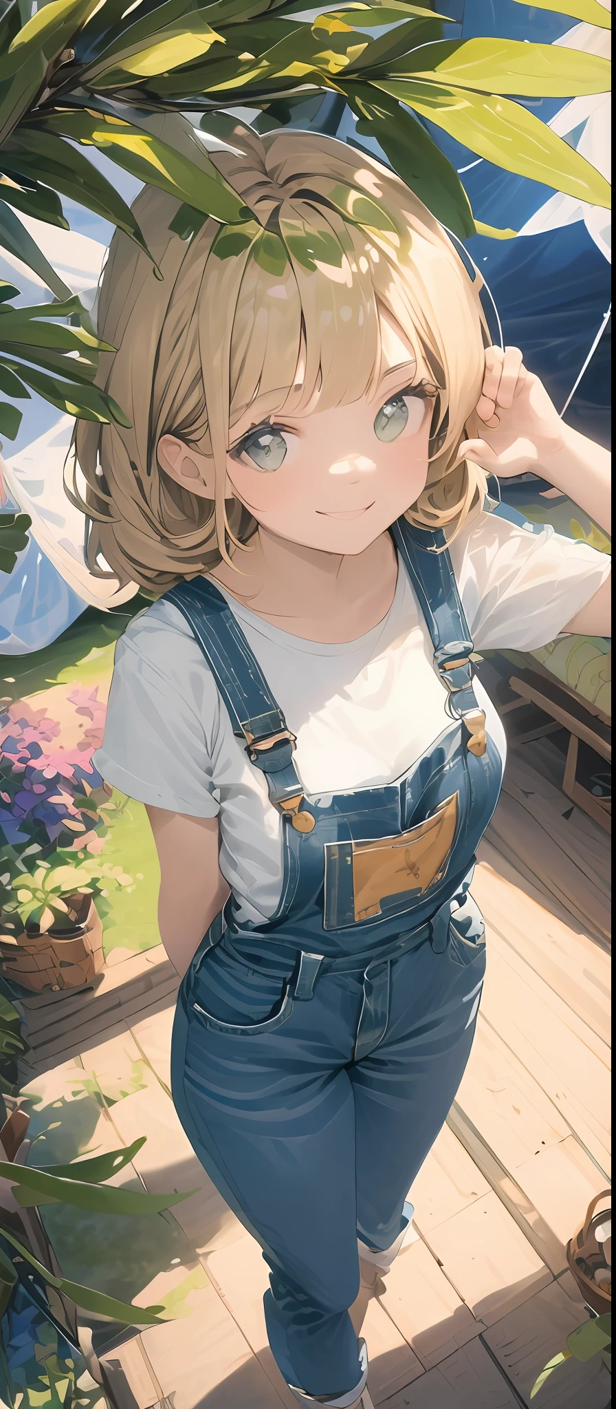 (masterpiece、top-quality),From above, 1girl in, 独奏, camp、overall、Denim Overalls、white shirt、Tent on background、The tree、fronds、florals、20yr old、piece、the pose、a smile、