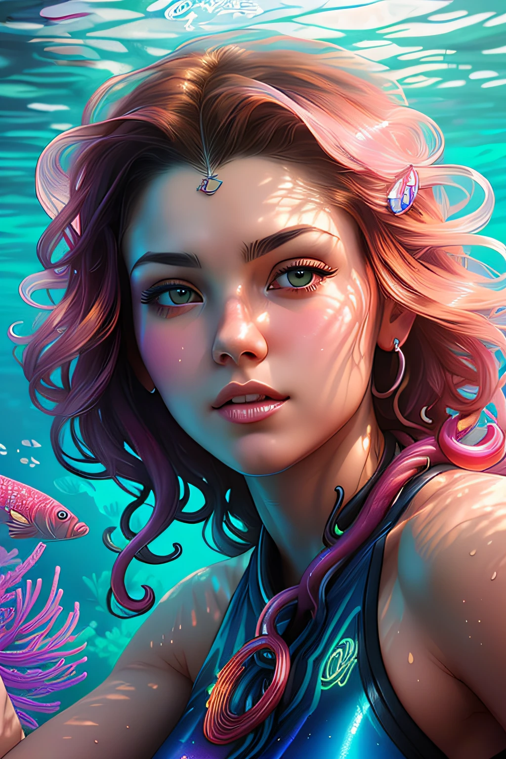 [Adriana Chechik], mature woman, 1girl, small breast, underwater, sea, digital painting, medium shot, (lightroom:1.13), soft light,
(corals swimming tropical fishes medusa tentacles ),
(natural skin texture:1.2), sharp focus, focused, glass led brain lines, corals skin, jellyfish style, art by Anna Dittmann, masterpiece, highres,
realistic, cyberpunk, smug, colorful,
[(colorful explosion psychedelic paint colors:1.2)::0.20],
intricate one piece swimsuit,

cgsociety, analytical art, detailed painting, glowing neon, iridescent paint, intricate artwork by Tooth Wu, ((art by Android Jones)), wlop, beeple, octane, green eyes, bright face, (smart:0.7),