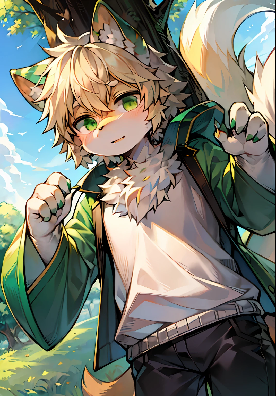 Masterpiece,High quality,abstract res,Digital painting\(artwork of a\), author：BrukkiGunar, Yupa,Kiyosan,(anthro,Fluffy fur,Character focus:1.1),anthro male cat,Portrait , eyes with brightness, in a panoramic view, Character focus.(detailedbackground:0.7), 独奏, shaggy, shaggy male, Majesty,apathy,Handsome,malefocus, Robust,Strong anthrax(Full Body Furry, It has a fluffy tail，With a green pattern, White fur, Dark green eyes), (Long felines、moth、White feathers、Dark green ears、Beige tail、Light green smoky pattern、Beige hair、seminude、Manteau:1.2），（External、In the daytime、Dense grass、Low tree、clear skies、grassy fields）