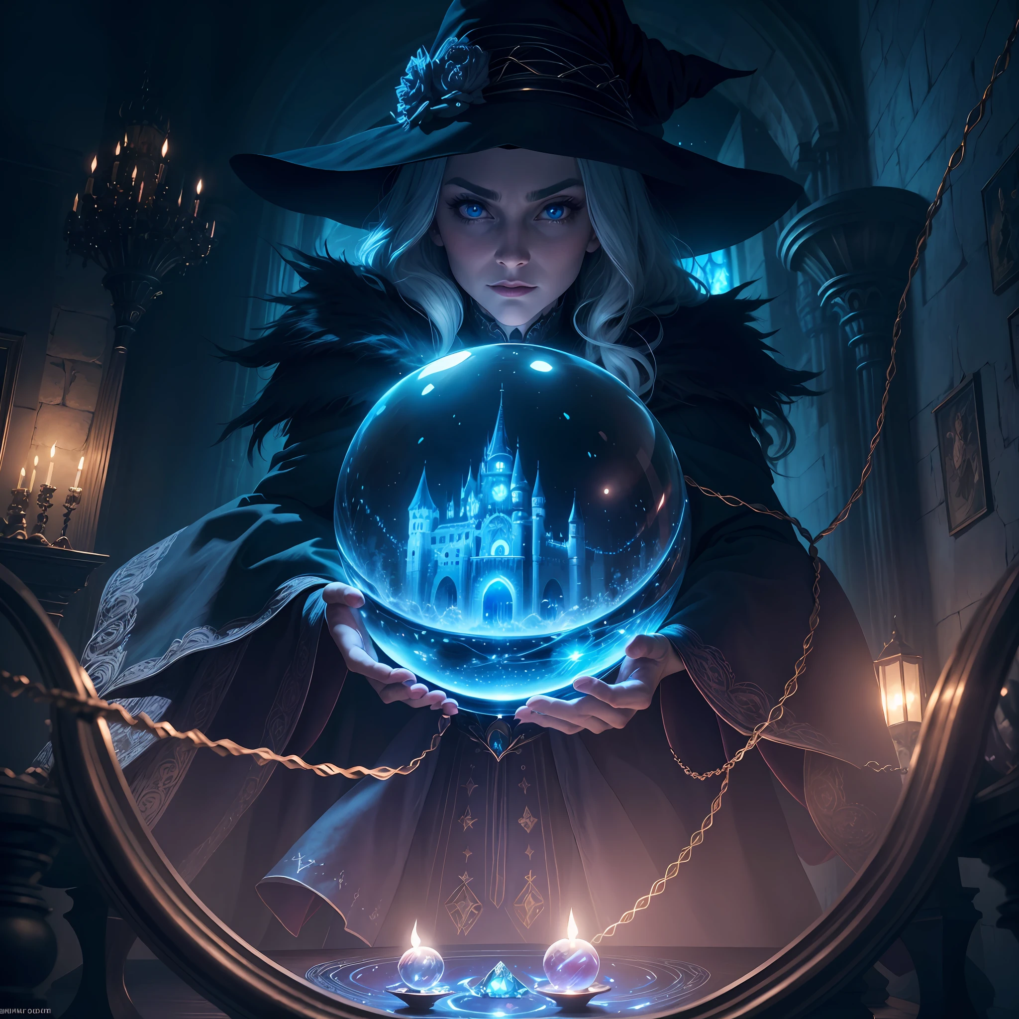 The evil witch casts magic on the Crystal ball in front of her. There is a castle in the Crystal ball. The witch's eyes are blue, Electroluminescent Wire, Dreamy Glow, (Photorealistic,masterpiece,best quality,UHD,extremely detailed, Cinematic Lighting )