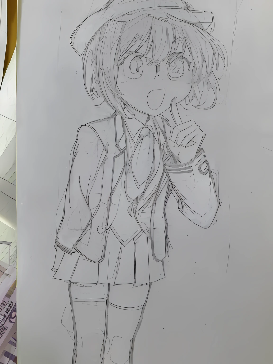 Draw a girl in a jacket and a jk skirt，Her fingers were raised, an anime drawing, anime style drawing, up of young anime girl, full body portrait of a short, Comic Shade, chihiro! fujisaki, clean anime outlines, female high-school student，Over the knee black silk，Japanese