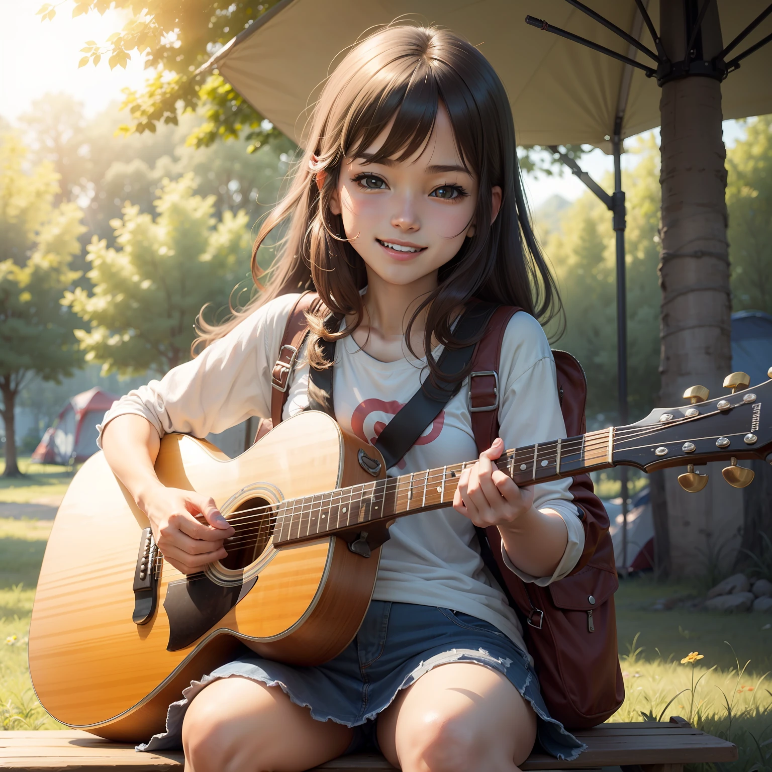 Happy expression of the girl,sitted,guitar,campsite,Front view,and the sun was shining brightly,style of anime