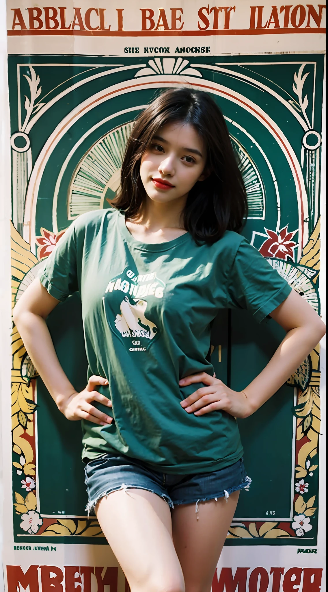 She has long black hair，in an art nouveau style，wearing green T shirt，red short，Long legs，Warm light tones，Shabby poster wall with background，tmasterpiece,Need,photorealestic，k hd，photography lighting，16k