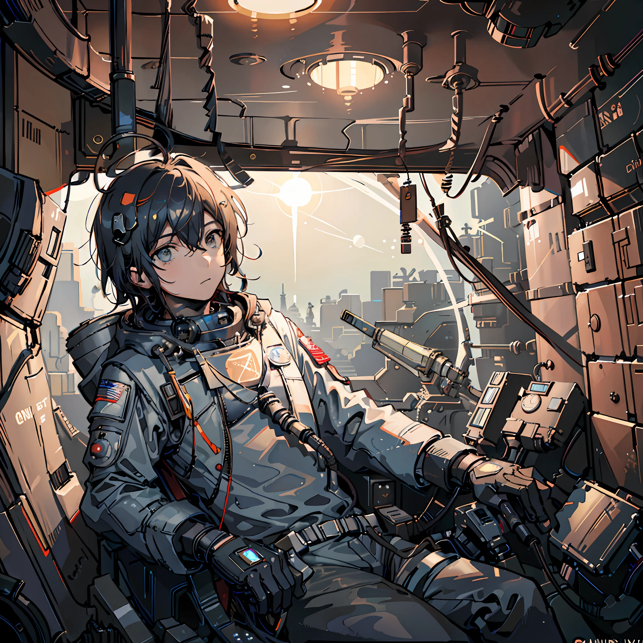 Adult male astronaut, 35 years old, Inside the cockpit of a spacecraft. Dimly lit environment, No helmet, Bust image, looking at me, Impulsive expression, blissful, irony, Cartoonish realistic style images, Neutral colors, In the background、Only the space visible from the window