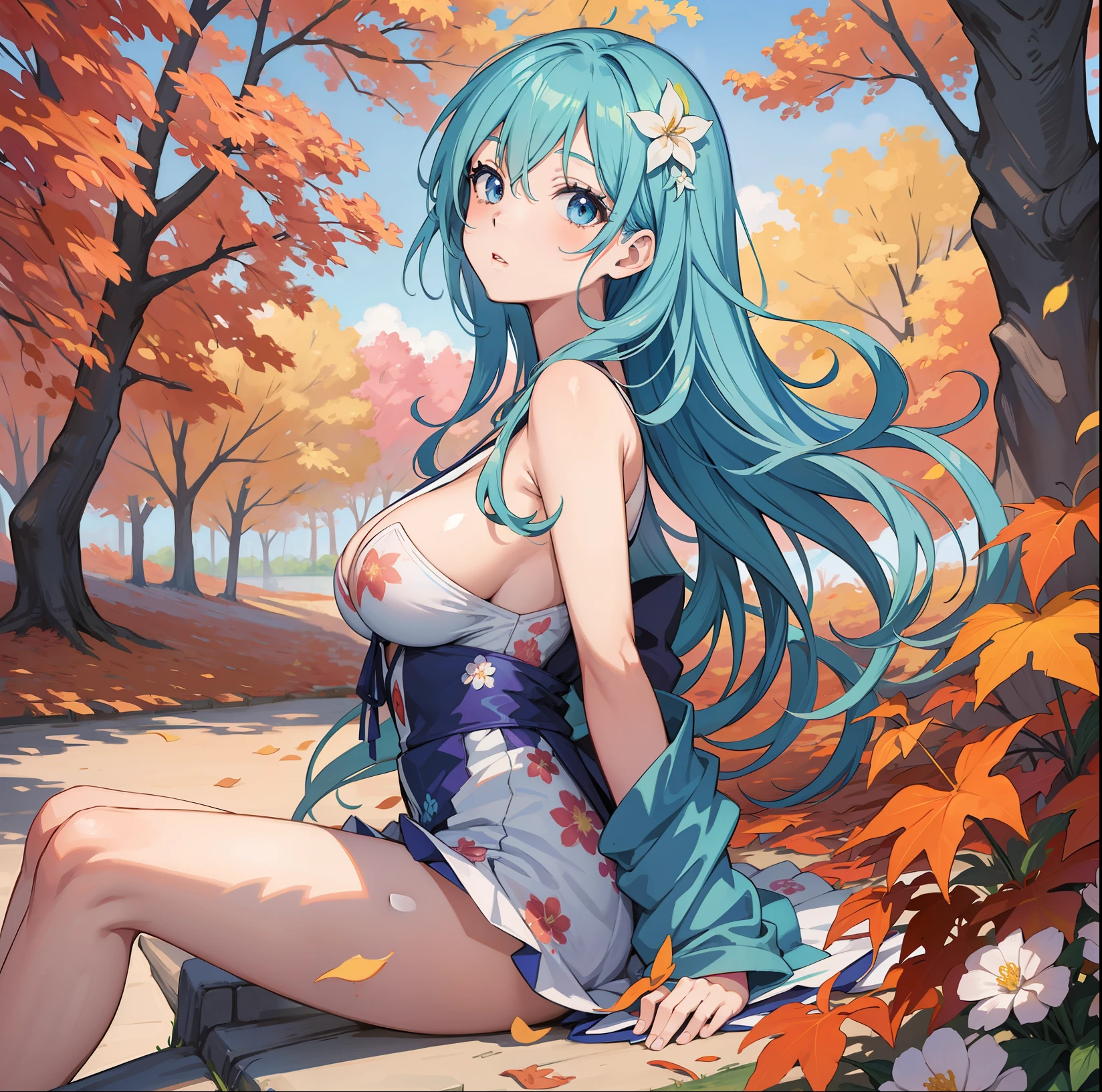 Anime girl, blue hair, Draw an anime girl amidst the changing seasons, surrounded by the beauty of blooming flowers in spring or colorful leaves in autumn, sexy, seductive, large breasts, full body shot, , taking clothes off