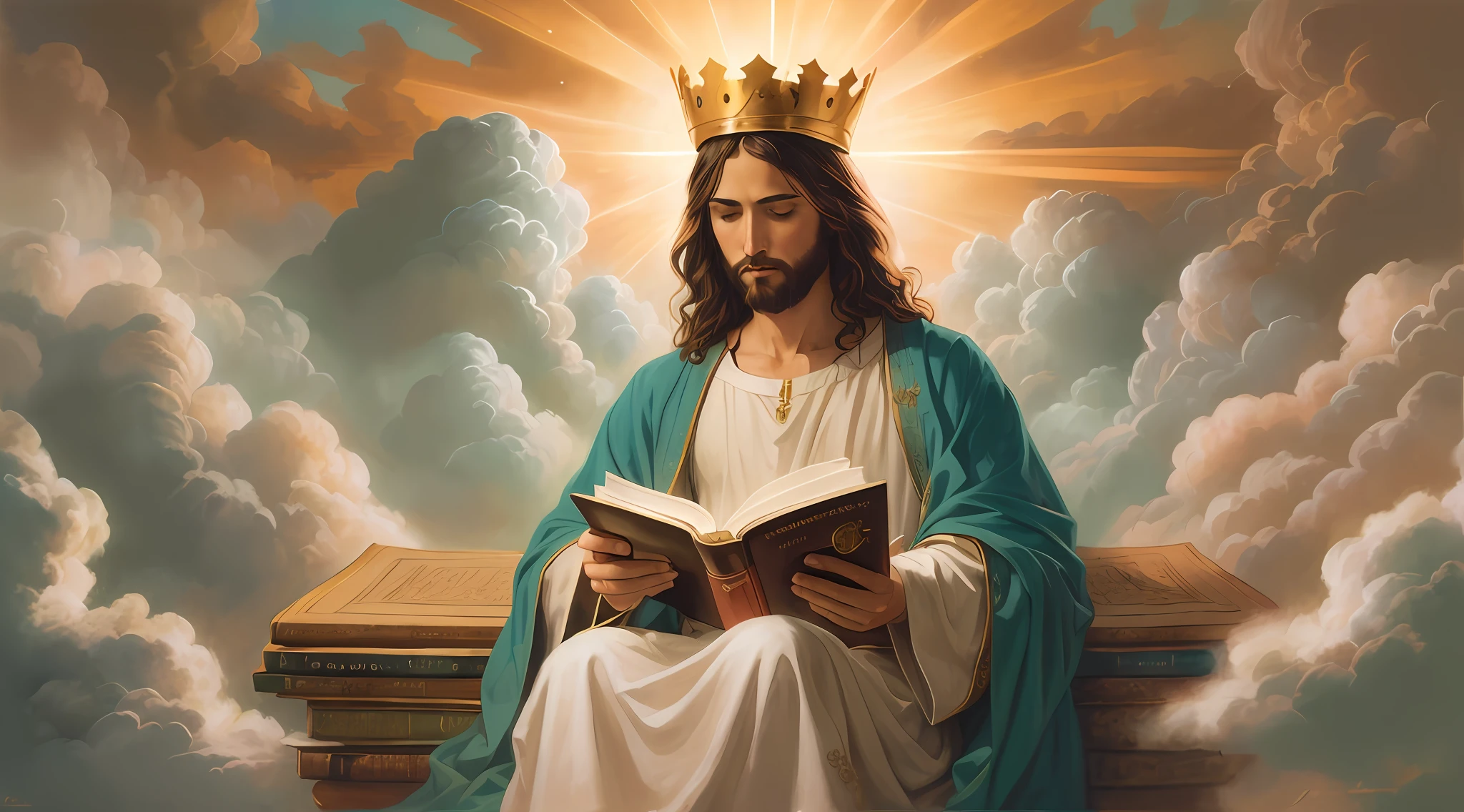 Image of Jesus reading a book with a crown on his head, sentou-se em seu trono, Rei dos Reis, bible illustration, Jovem Deus Todo-Poderoso, O Senhor e Salvador, muitas coroas!! upon his head, imagens sagradas, sentado em seu trono, catholic religious art, Jesus Cristo, Rob Rey, senhor, Jon McNaughton